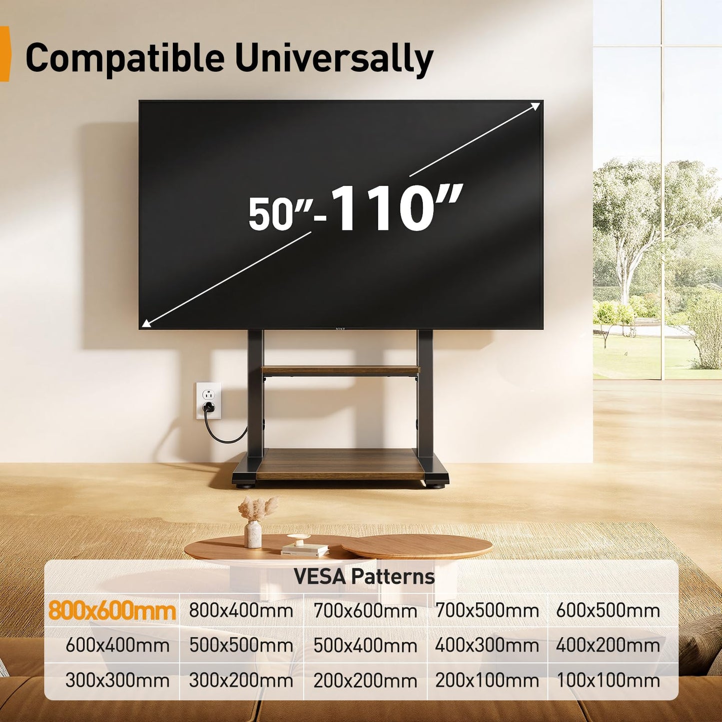 Perlegear Floor TV Stand for 50-110? TVs with Power Strip, Holds Up to 250 lbs, Universal Standing TV Mount with Adjustable Shelf & Feet, Max VESA
