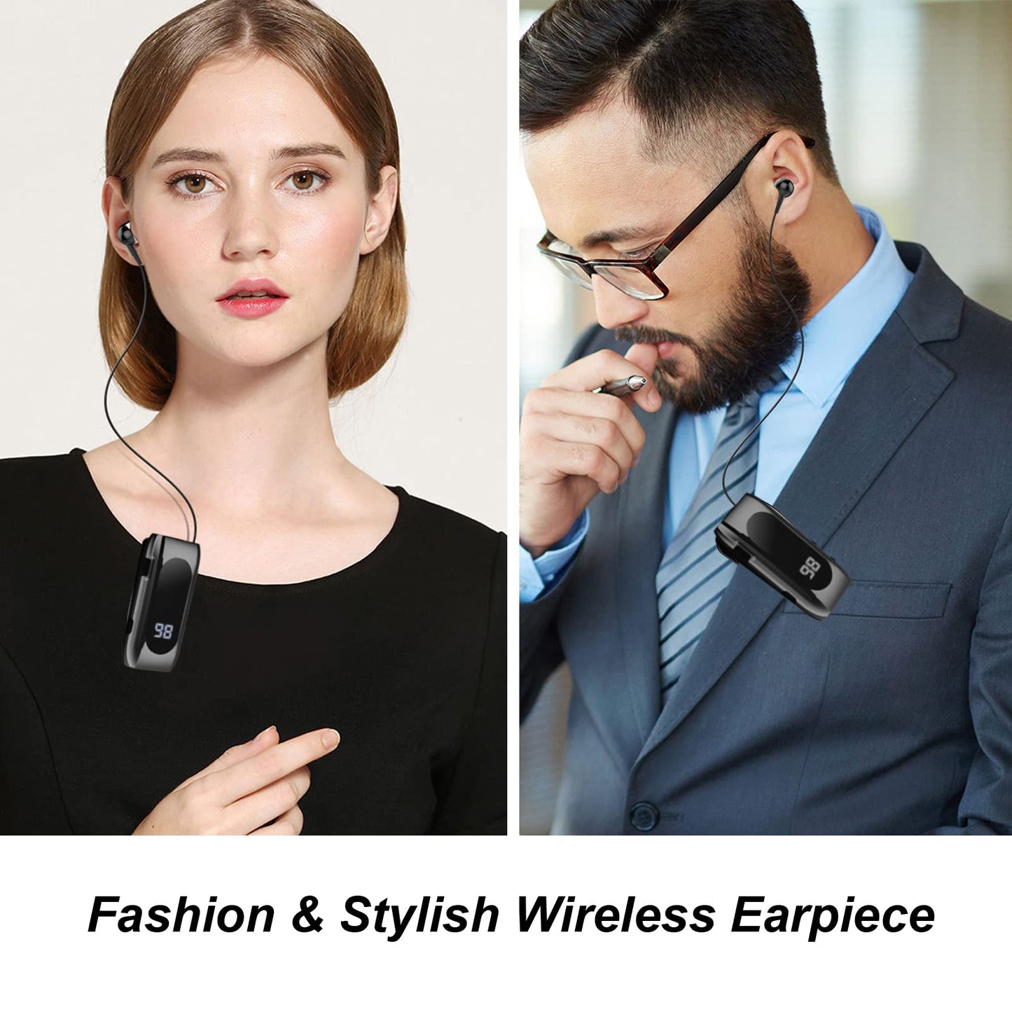 FashionLive Retractable Wireless Headset Headphone Stereo Earphone V5.0 Noise Cancelling Mic Clip on Earpiece Comfortable HandsFree Headset 20Hrs