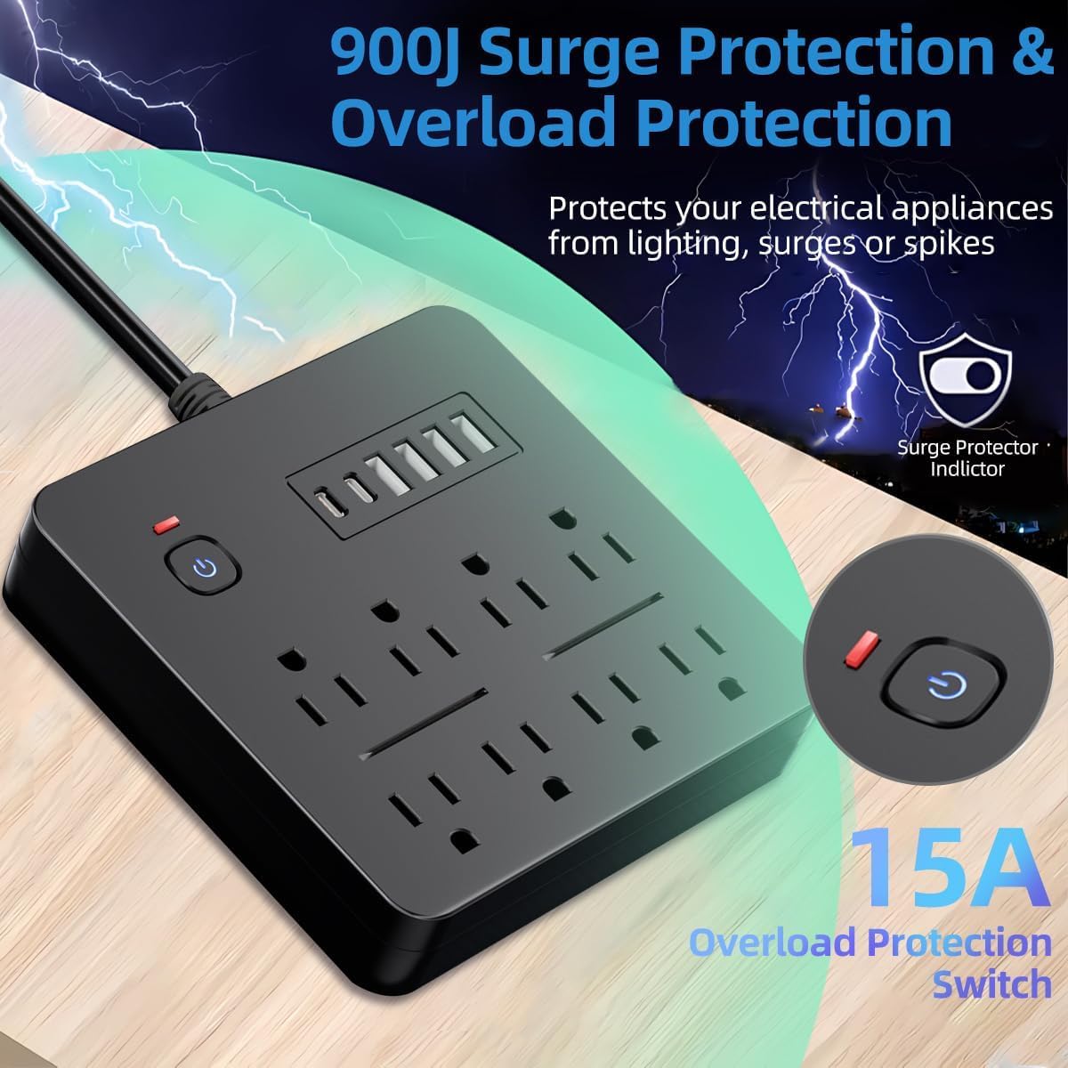 6 FT Flat Plug Surge Protector Power Strip,8 Multiple AC Outlets with 6 USB Ports (2 USB C), 6 Feet Extension Cord, 1250W/10A, One Touch Switch