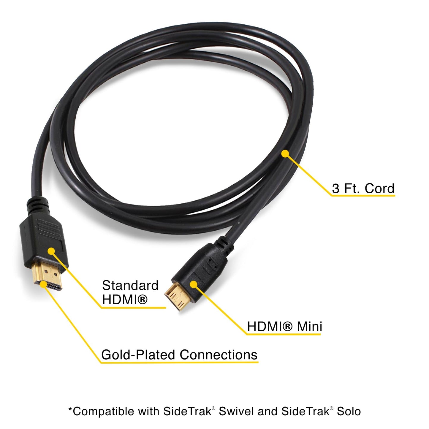 SideTrak Portable Monitor 3ft HDMI Cord | HDMI to Mini HDMI Cable | Compatible Swivel & Solo | Durable, Flexible, Tangle-Free Cord | Black