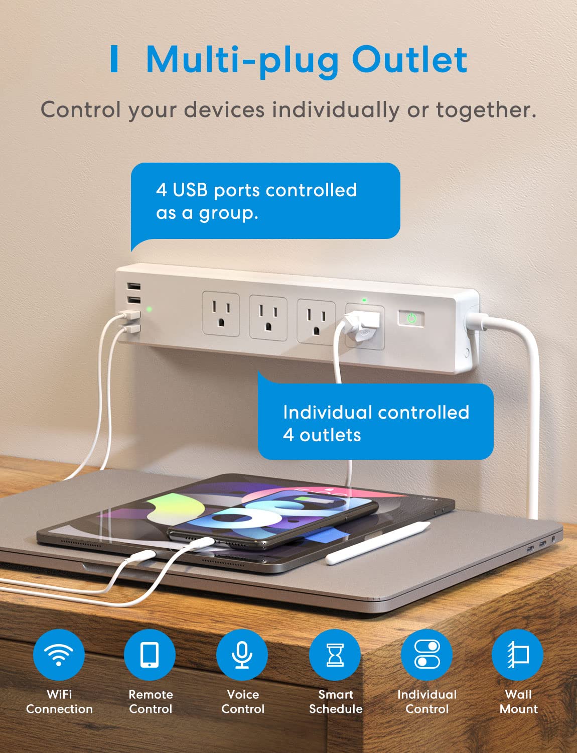 Meross Smart Power Strip Compatible with Apple HomeKit, Siri, Alexa, Google Home and SmartThings, WiFi Surge Protector with 4 AC Outlets, 4 USB Ports