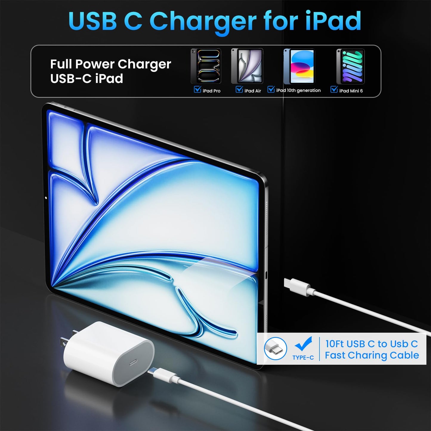 20W USB C Fast Charger for iPad Pro 13/12.9/11 inch 2024/22/21/18, iPad 10th Generation, 2025 iPad 11 inch, iPad Air 11/13 inch/5/4th, iPad mini
