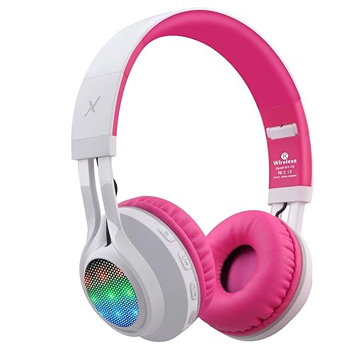 Riwbox WT-7S Bluetooth Headphones Light Up, Foldable Stero Wireless Headset with Microphone and Volume Control for PC/Tablet/TV/Travel (Pink)