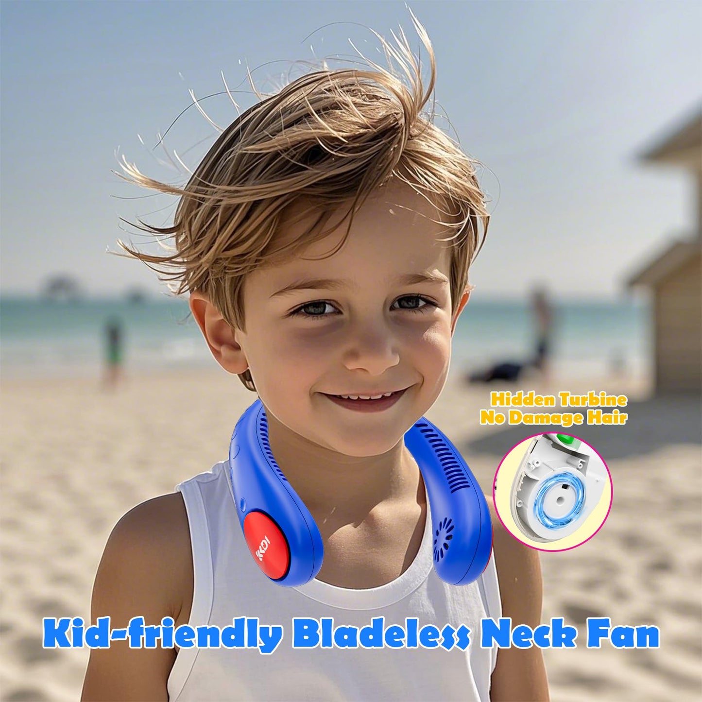 Kids Neck Fan, Portable Bladeless Neck Fan for Kids 4-14Y, 2600mAh Rechargeable Wearable Fan for Girls Boys, 4 Speeds Lightweight Quiet Cooling Fan