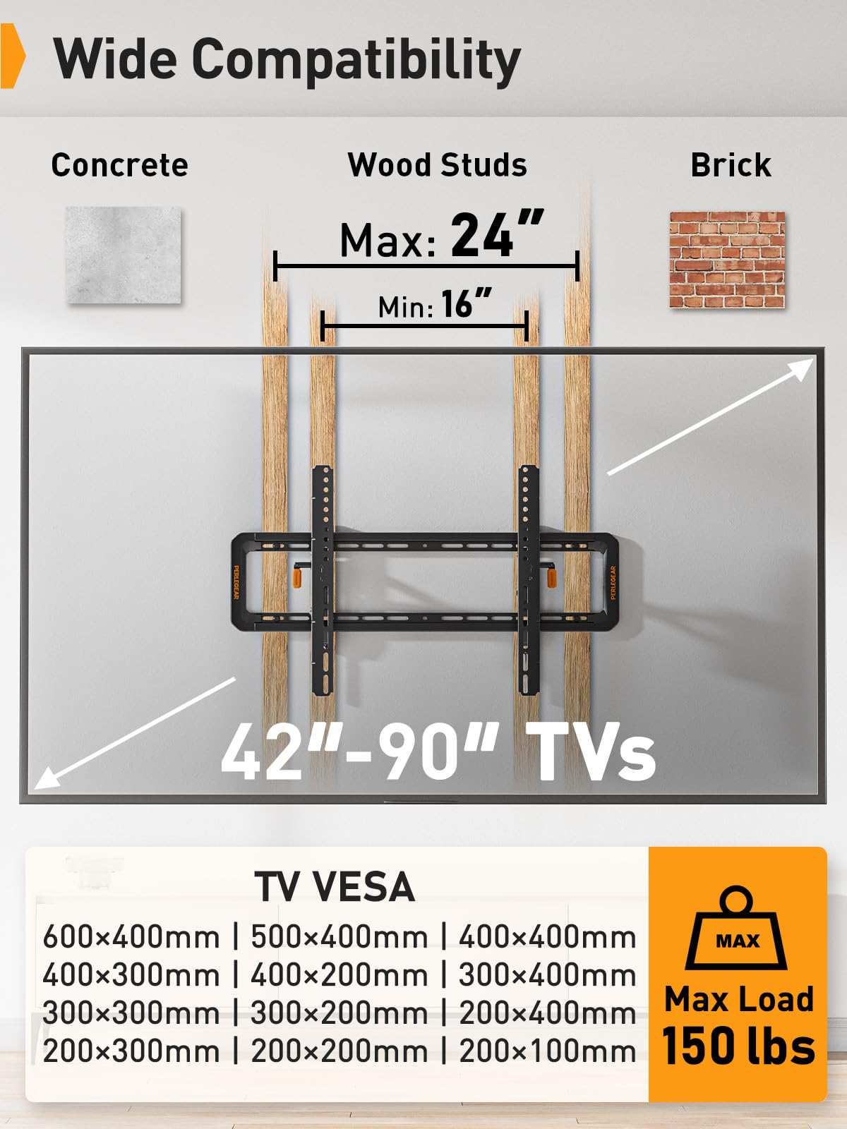 Perlegear Advanced Tilting TV Wall Mount, Pre-Assembled TV Mount for Most 42-90 inch TVs up to 150 lbs, 6-inch Arm Extension, 15° Full Tilt, Fits