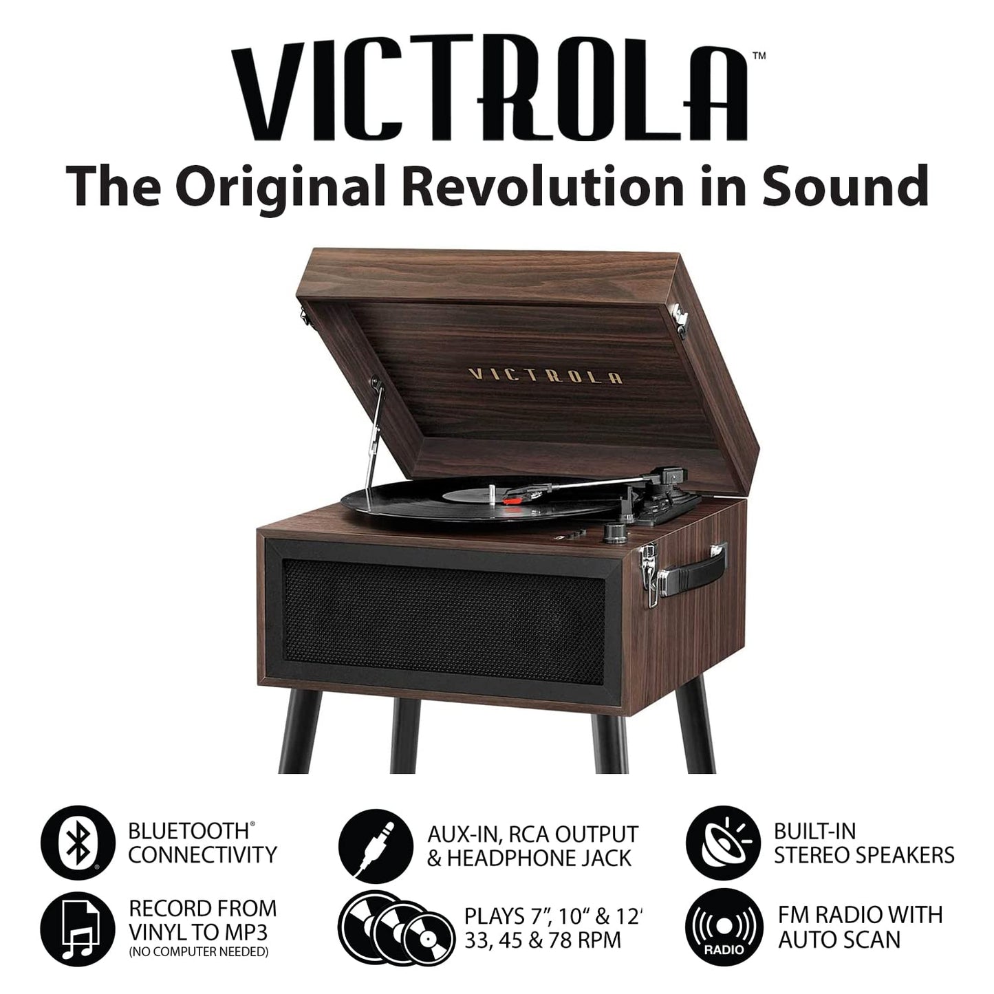 Victrola Liberty - Bluetooth Record Player - 5-in-1 Turntable with Vinyl Stream, FM Radio, USB Playback, Built-in Speakers, Use as Stand or Tabletop