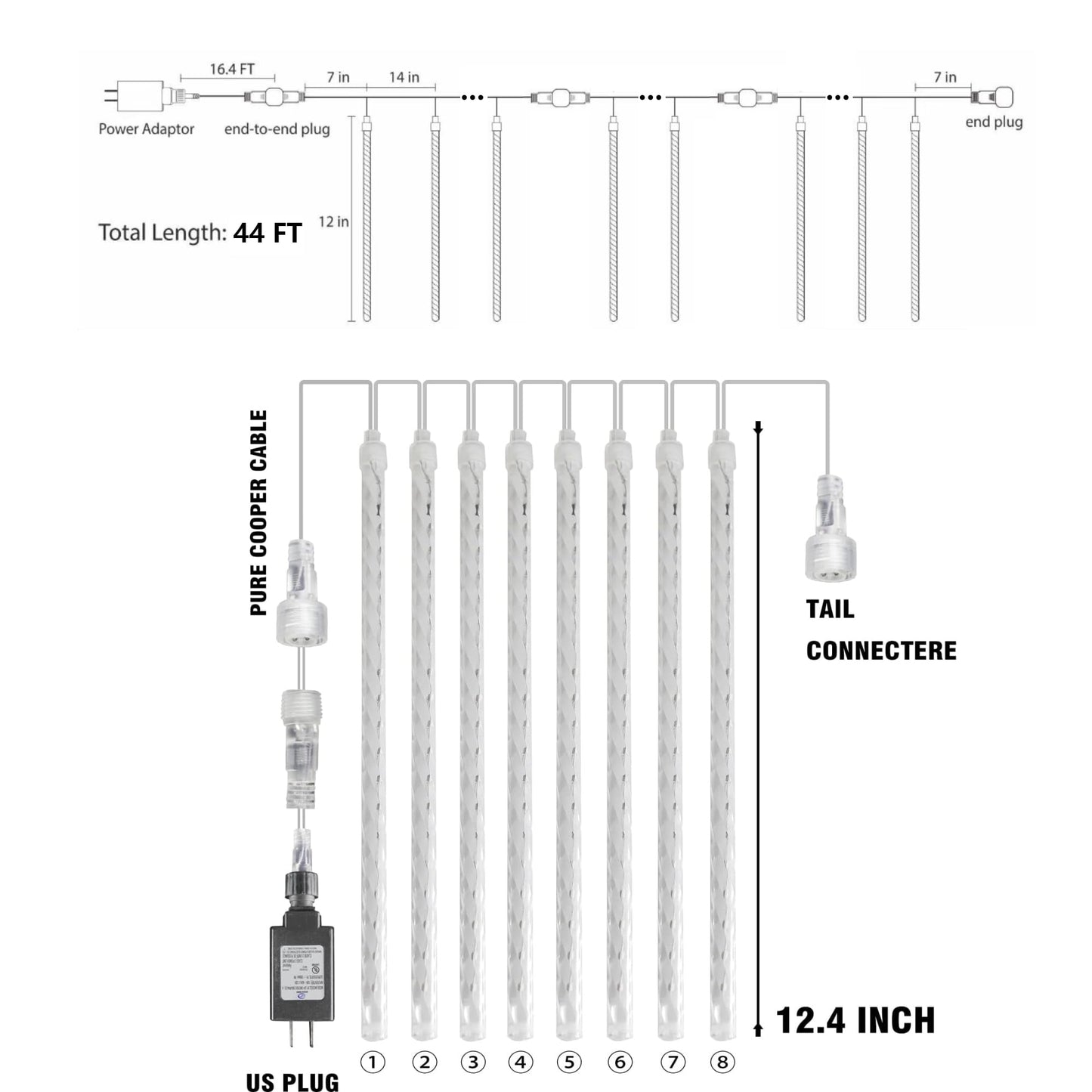 TW SHINE Christmas Meteor Shower Lights Outdoor, 864 LED 12" 24 Tubes Waterproof Christmas Lights Outdoor Plug in, Snow Falling Rain Icicle Xmas Light