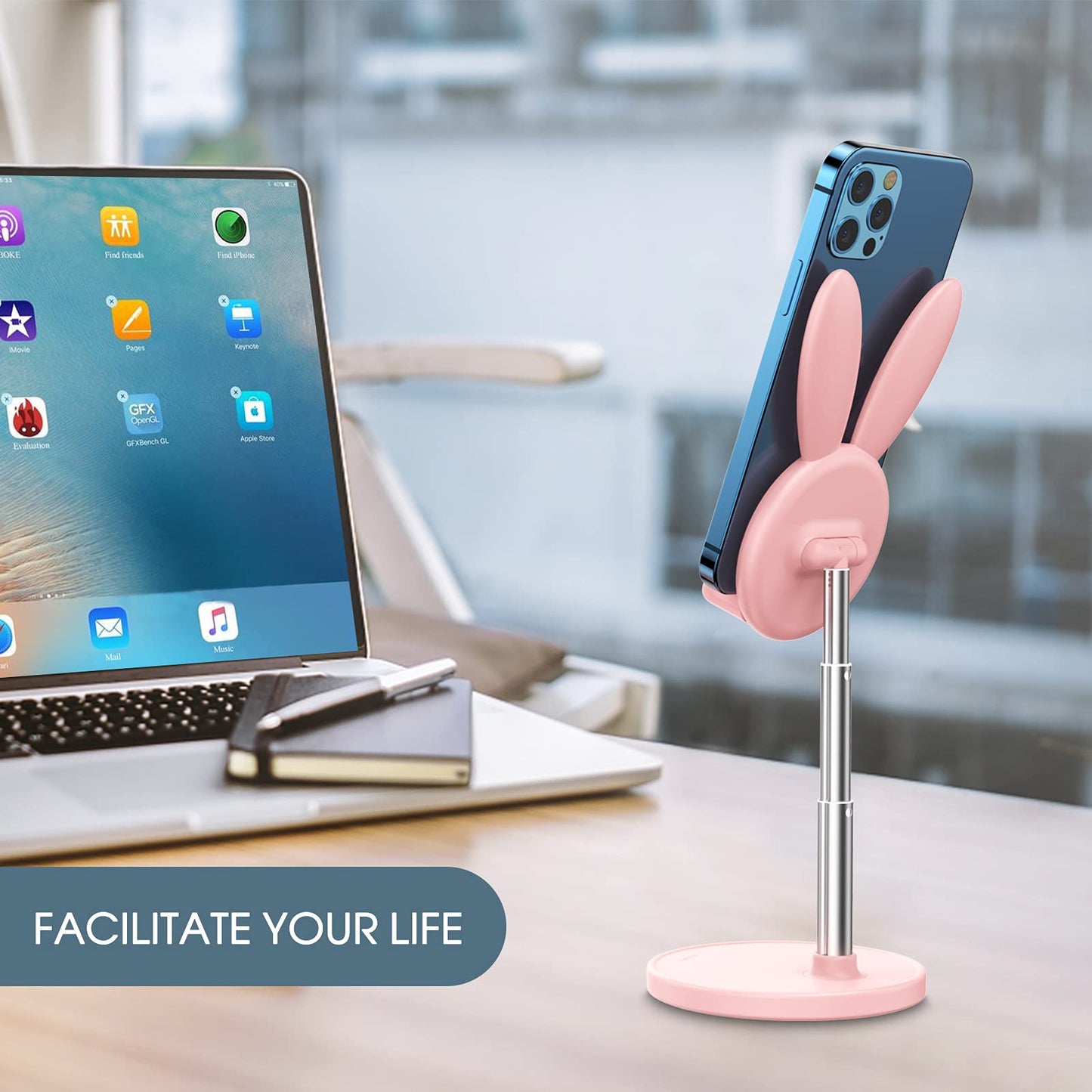 OATSBASF Cute Bunny Phone Stand, Adjustable Pink Cell Phone Holder for Desk, Weighted Base Kawaii Desk Accessories, Aesthetic Room Decor Gift