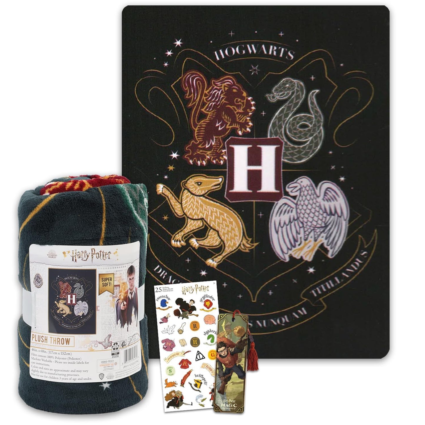 Harry Potter Throw Blanket Set - Hogwarts Bundle Includes 46x60 Plush Throw, Stickers, More | Wizard Blanket for Kids