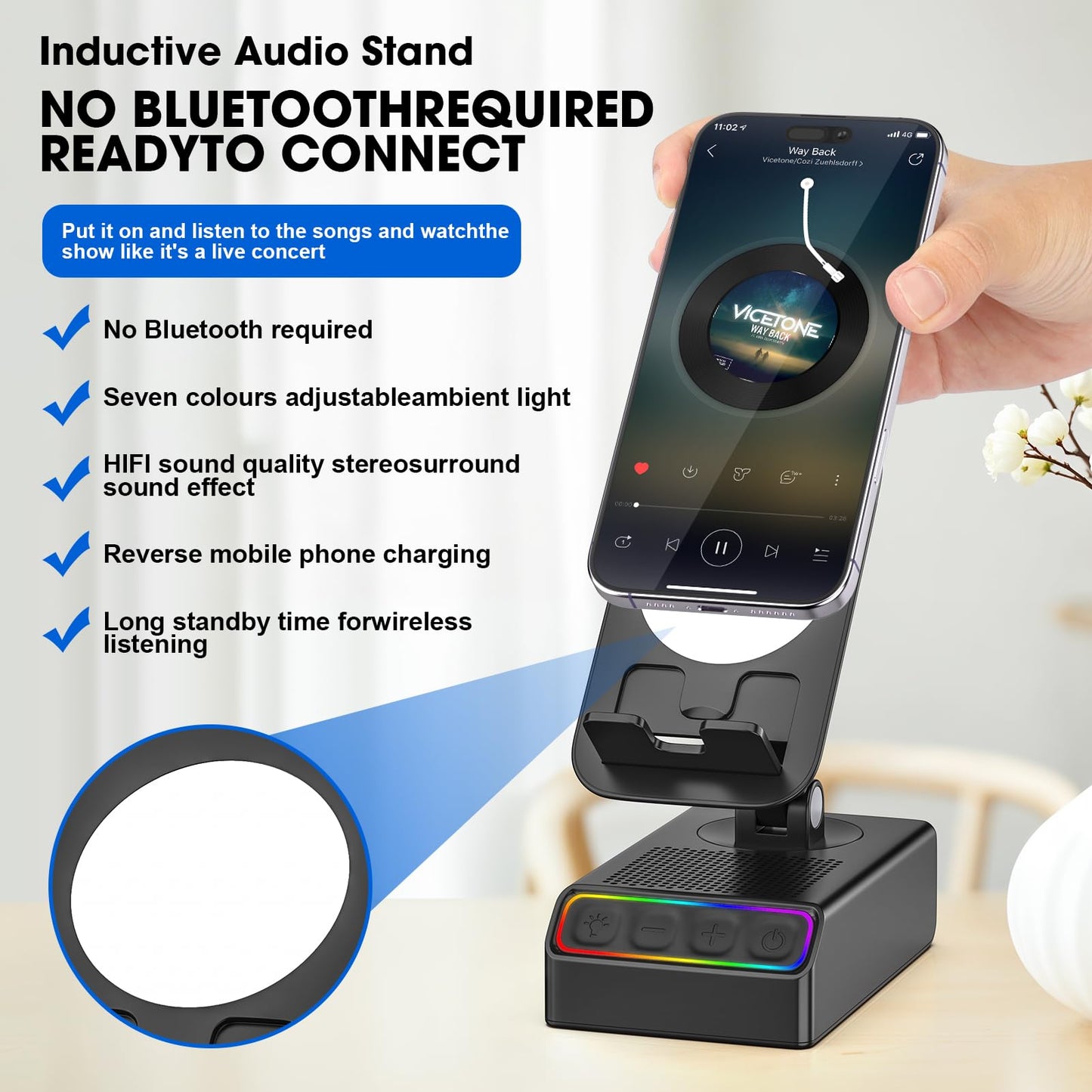 Enfriliv Wireless Induction Audio Bluetooth Speaker 5in1 Phone Holder Emergency Rechargeable with Colorful Ambient Light 300° Foldable for Tablet