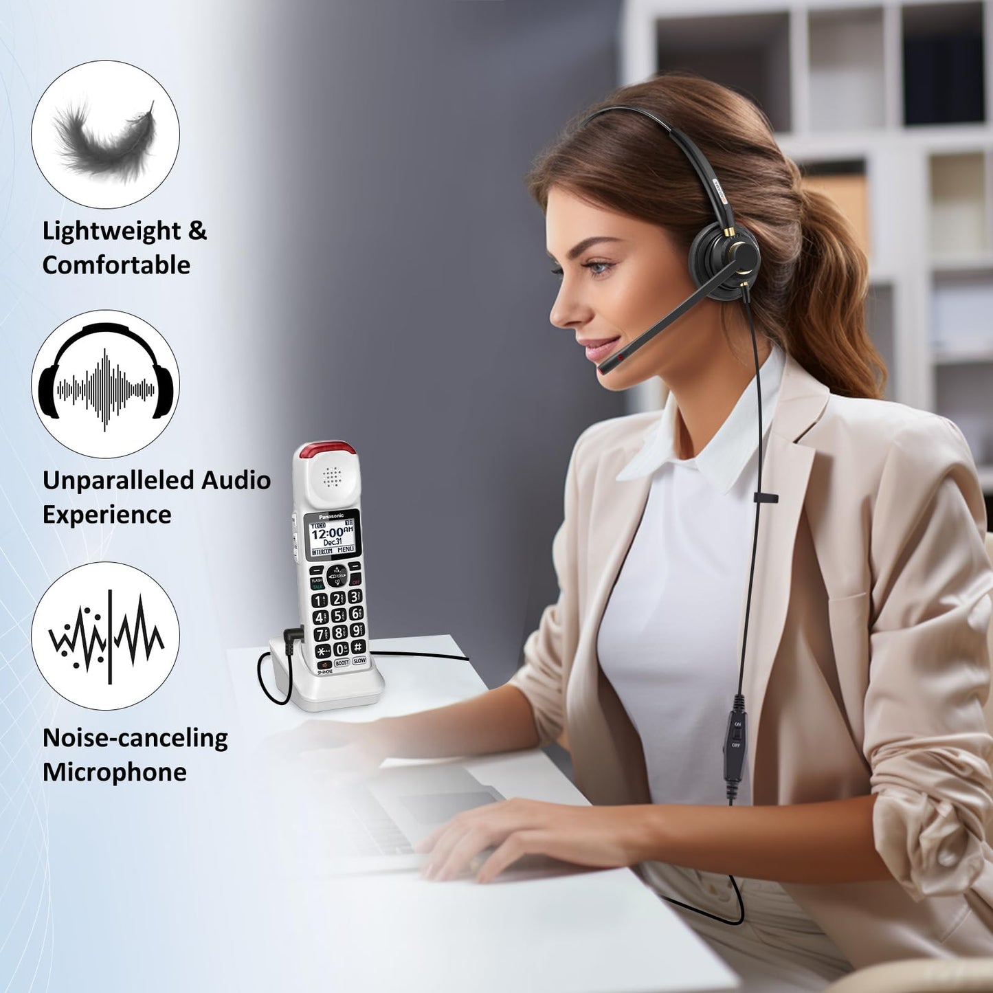 Phone Headset 2.5mm with Noise Canceling Microphone & Mute Switch, Comfort Fit Telephone Headset for Panasonic VTech AT&T Uniden RCA Cisco Gigaset