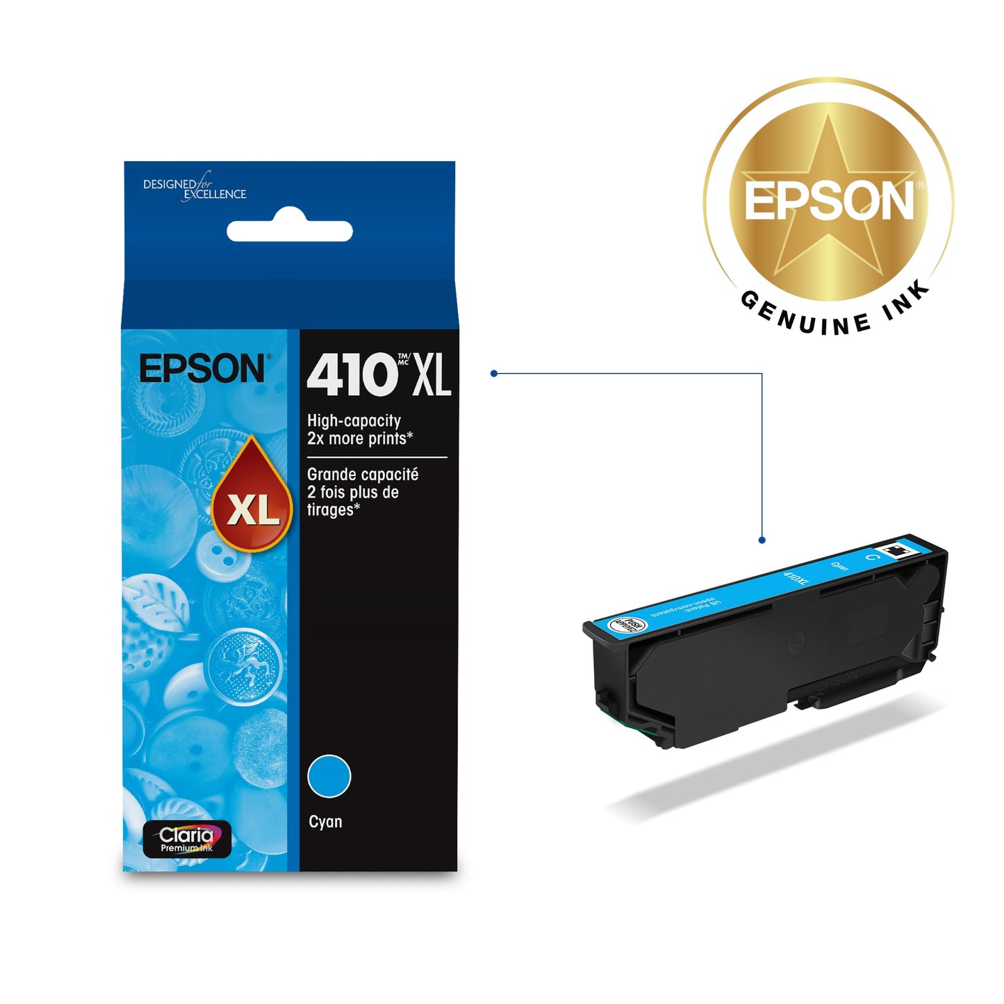 EPSON 410 Claria Premium Ink High Capacity Cyan Cartridge (T410XL220-S) Works with Expression XP-530, 630, 640, 7100, 830