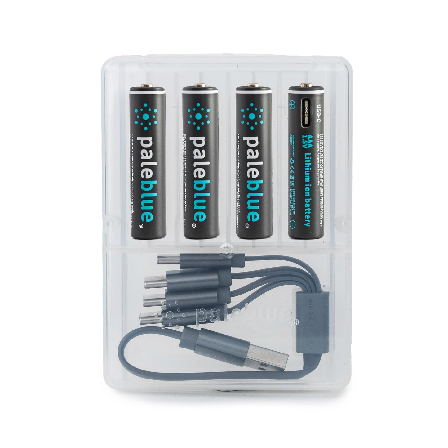 paleblue USB Rechargeable AAA Lithium Batteries, 1 Hour Charge Time, Recharge Over 1000 Times, 600 mAh, 4-in-1 USB-A to USB-C Charging Cable, 4 Pack