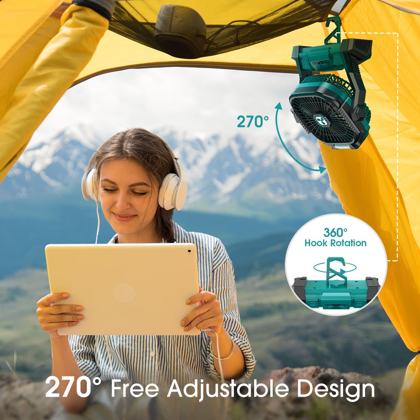Portable Fan Rechargeable, 20000mAh Cordless Battery Powered Fan with LED Lantern Battery Operated for Travel Bedroom Home Camping Tent Office Beach