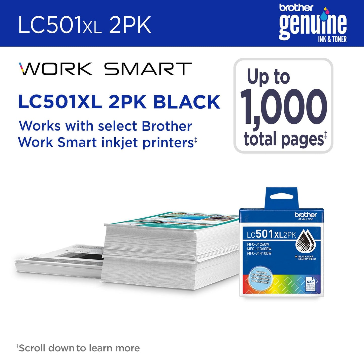 Brother Genuine LC501XL2PK Twin Pack High Yield Black Ink Cartridges (for use with Work Smart 1260, 1360, and 1410 Printers)
