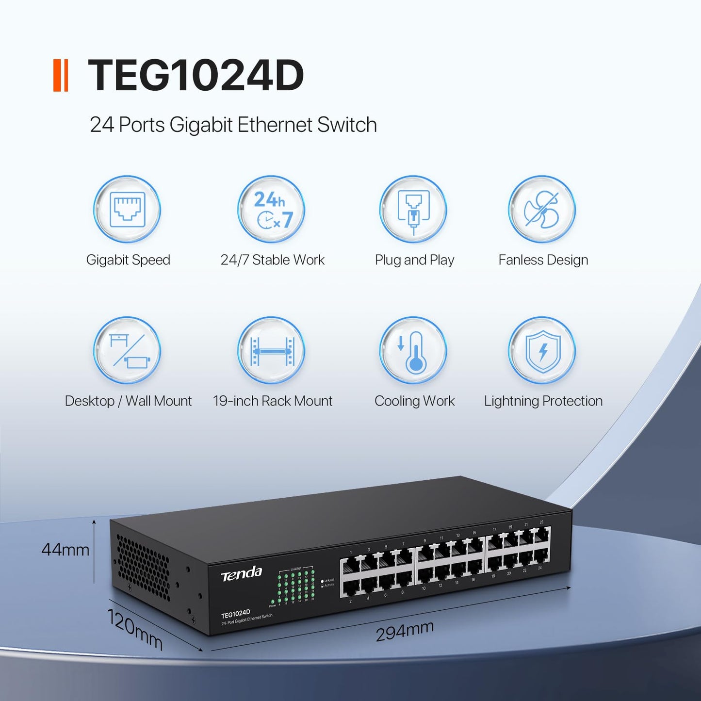 Tenda TEG1024D, 24 Port Gigabit Switch, Unmanaged Rackmount Ethernet Switch 24 Port with Traffic Optimization, Plug & Play, Fanless Quiet & Metal