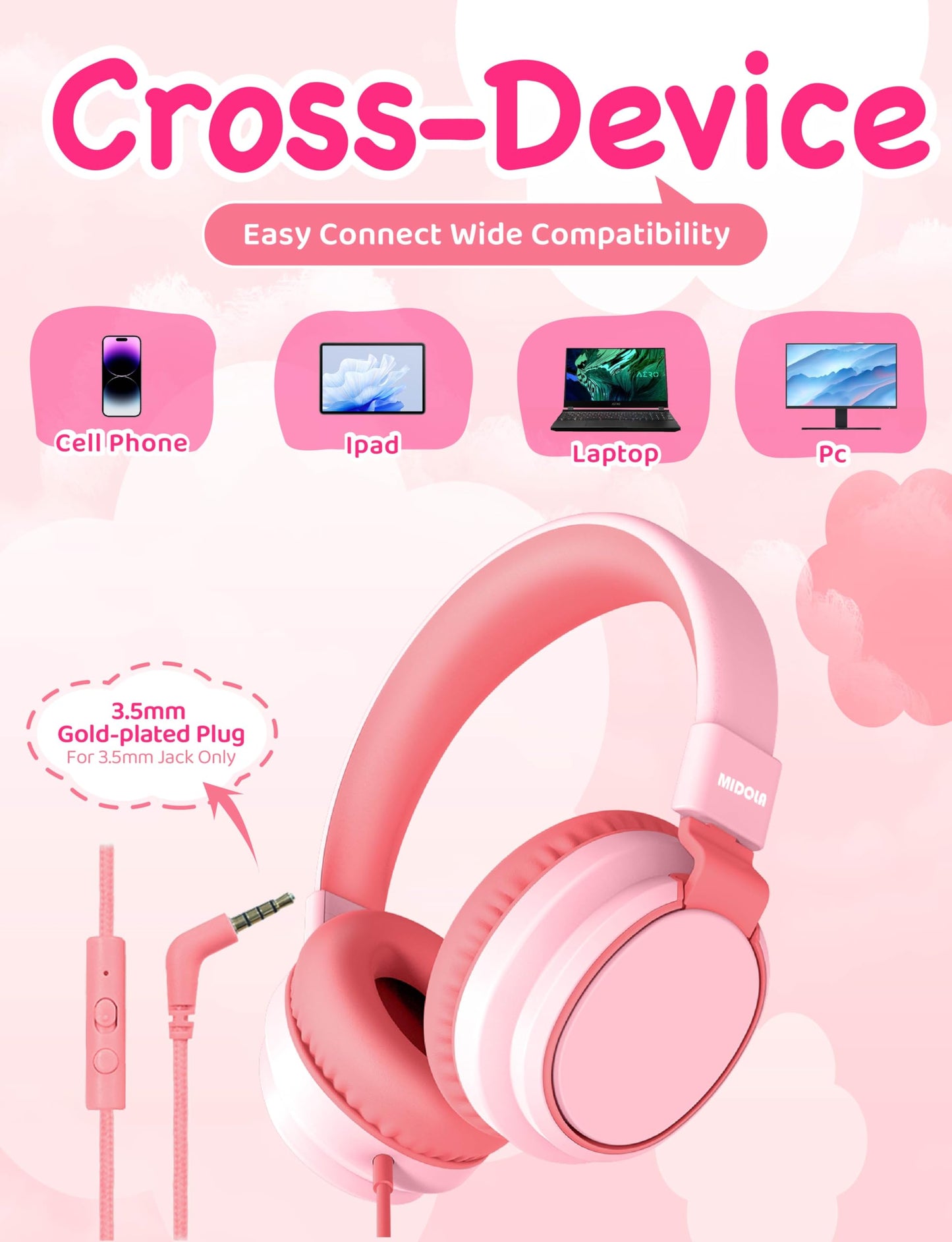 MIDOLA Kids Headphone Wired Volume Limited 85/94dB Over-Ear/On-Ear Foldable Headset with Microphone Hearing Protection Headphones for Toddler Boy…
