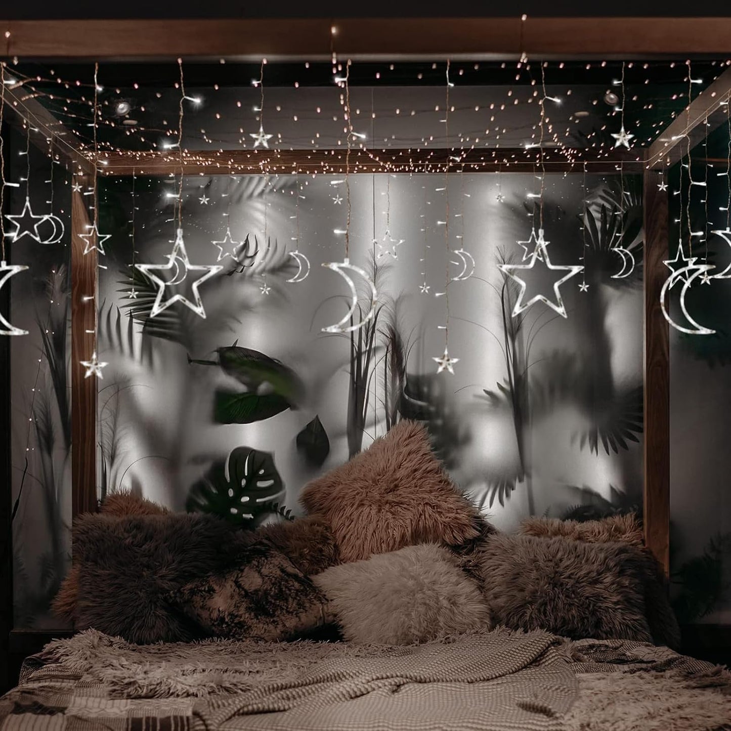 XINXIANLIAN 138 LED Ramadan Decorations Lights Solar Moon and Star Lights Outdoor Waterproof Powered Curtain Lights with 8 Modes Ramadan Hanging Decor