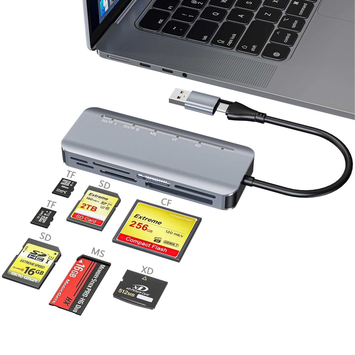 7 in 1 Memory Stick Pro Duo Card Reader, USB-C Multi Cards Reader for SD/TF/CF/MS/XD Cards, SD Card Reader for iPhone, Tablet, Laptop, Windows, Linux