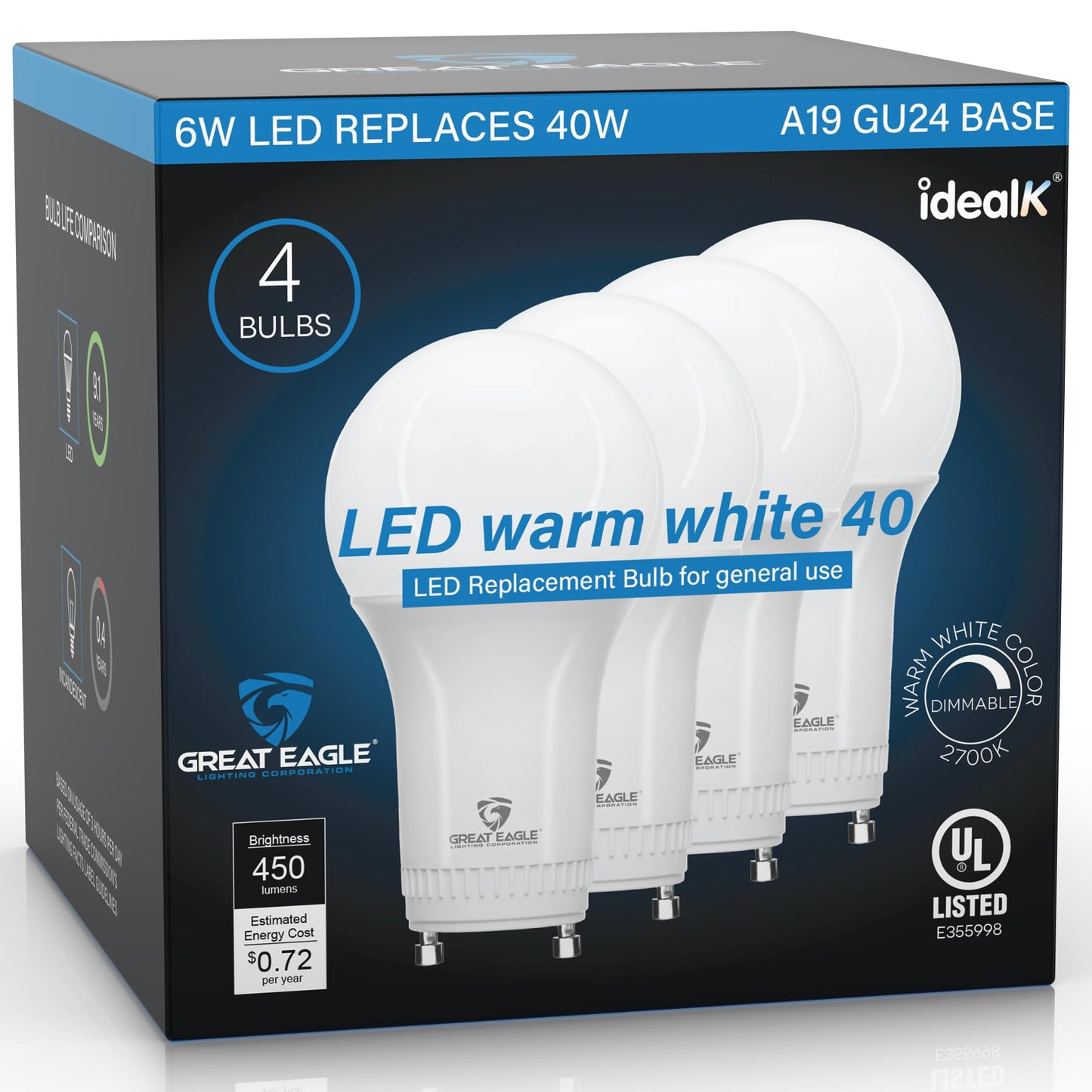Great Eagle Dimmable LED Light Bulbs, GU24 40 Watt Equivalent, 2700K Warm White A19, 2 Prong Twist-in Light Bulb, 6W 450 Lumens 120V 60Hz, CFL