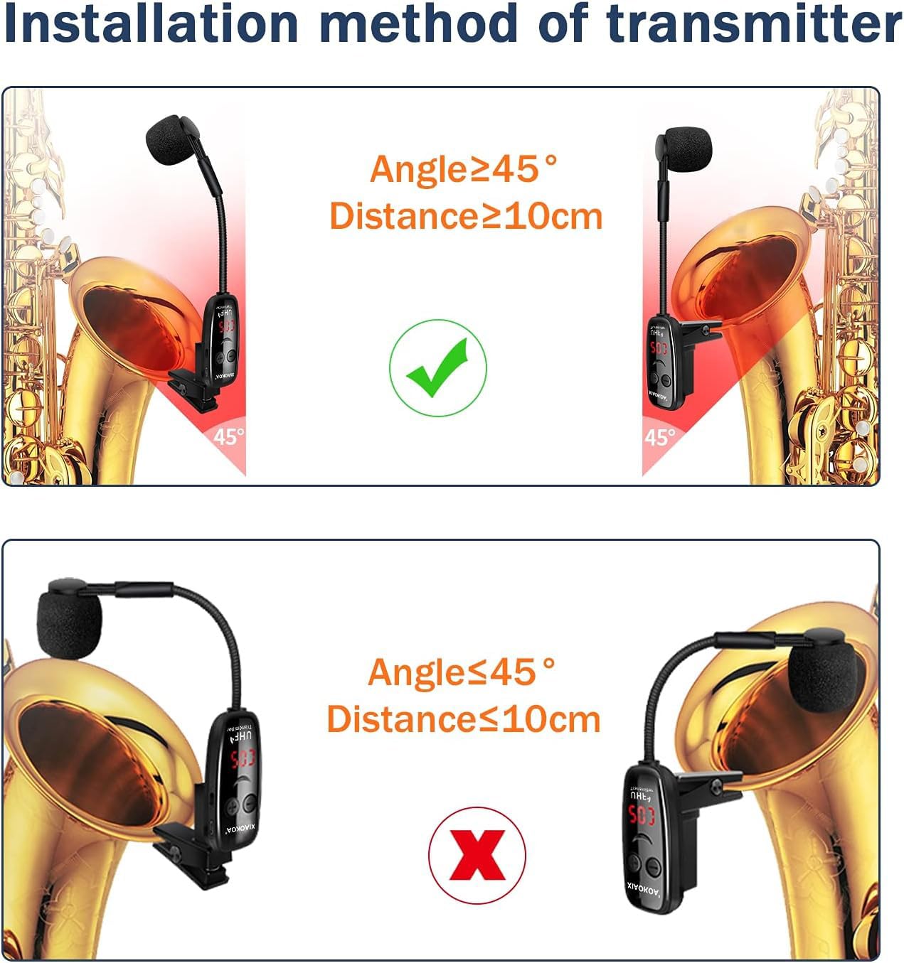 XIAOKOA Wireless Microphone for Saxophone, UHF Wireless Microphone for Musical Instruments, Wireless Receiver and Transmitter for