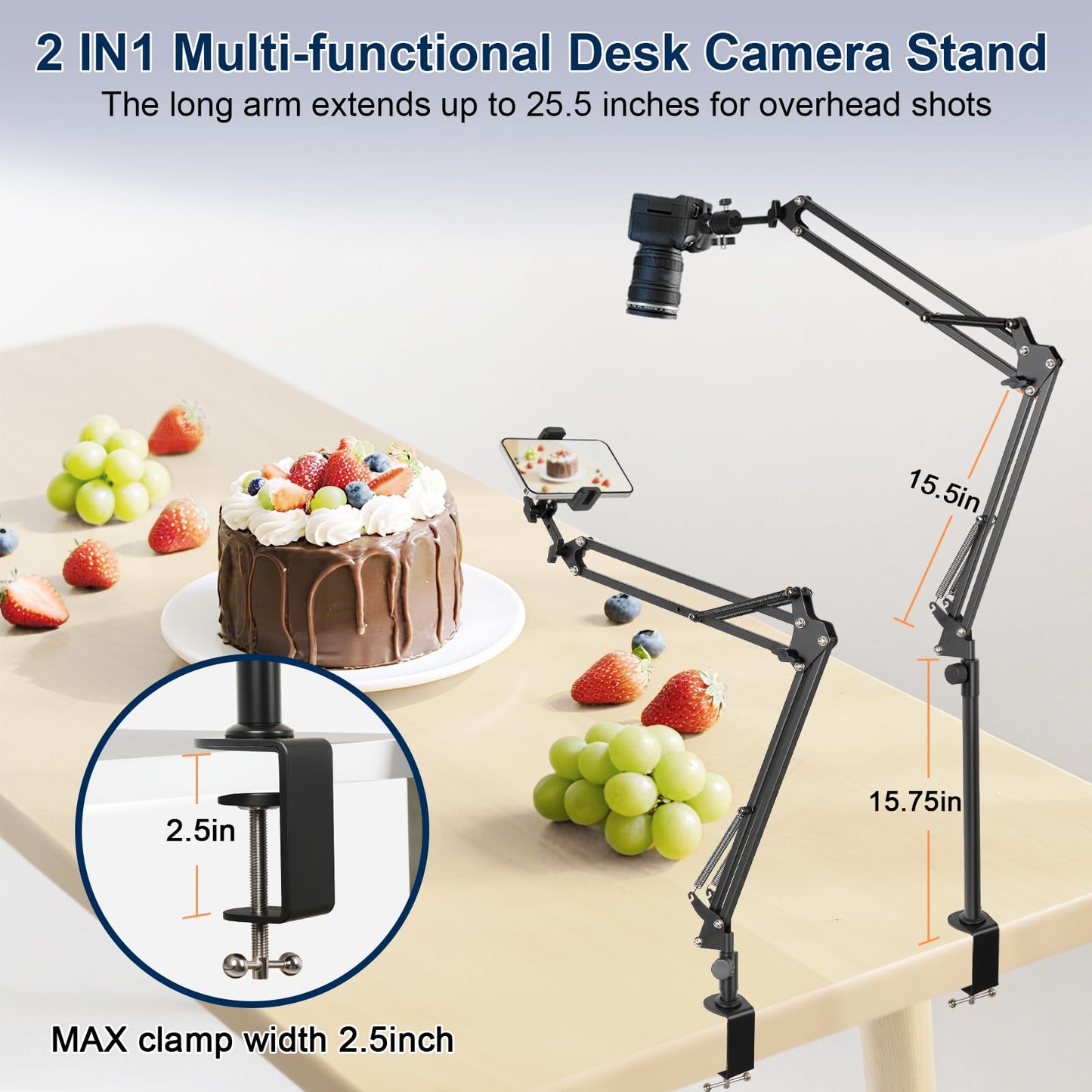 juttilax Overhead Camera Mount,Camera Desk Mount with 360° Adjustable Arm and Phone Holder,Max Load-Bearing 5lb,Desk Clamp Stand for Content Creation