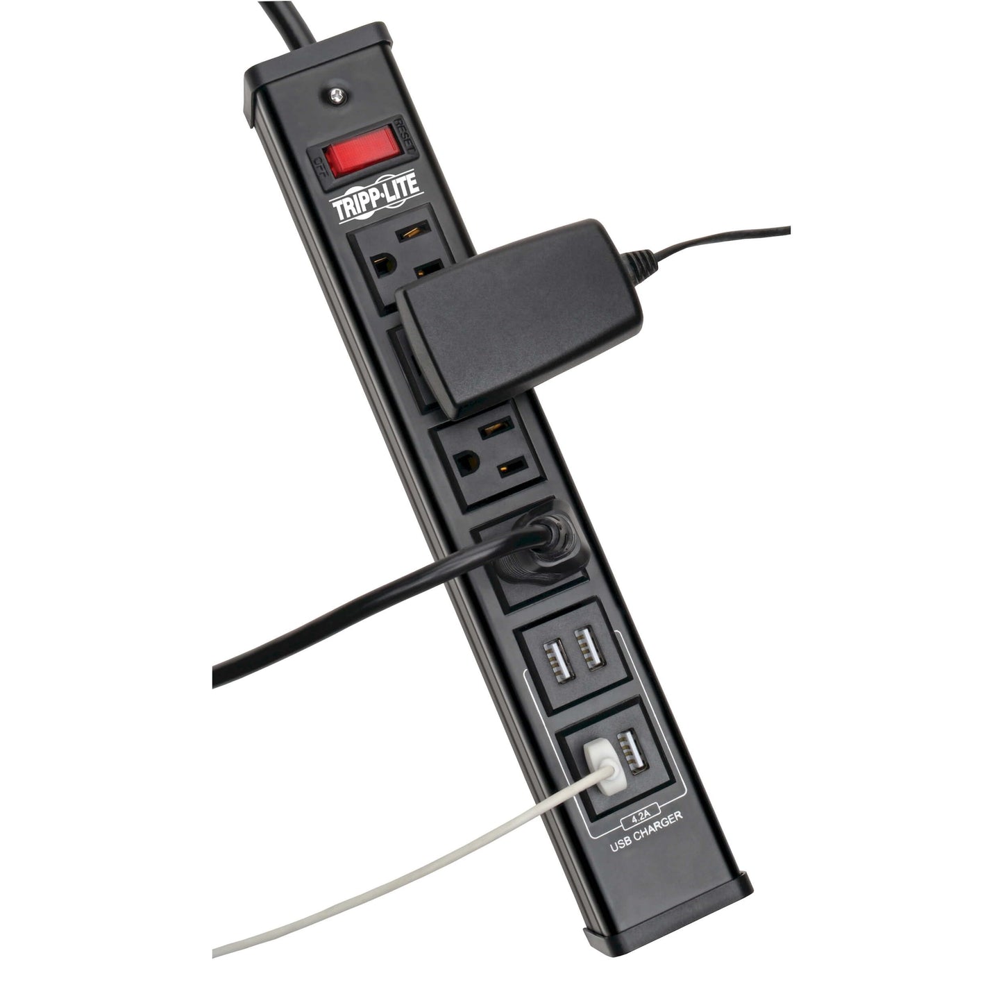 Tripp Lite 4 Outlet Surge Protector Power Strip, 6ft Cord, 450 Joules, 4 USB Charging Ports, Led, 10K Insurance (TLM446USBB), 14.25in. X 4.75in. X