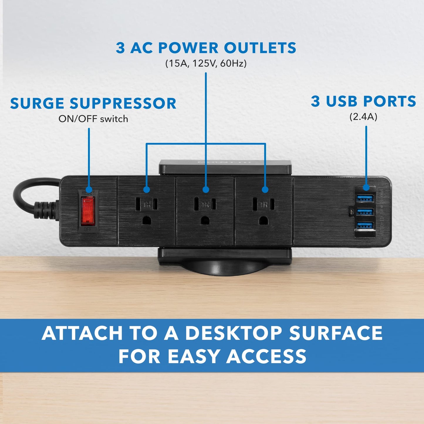 Mount-It! Power Strip Holder Clamp Desk Mount with Included Surge Protector | Black Desktop Power Outlet with 3 USB Ports and 3 AC Power Outlets |