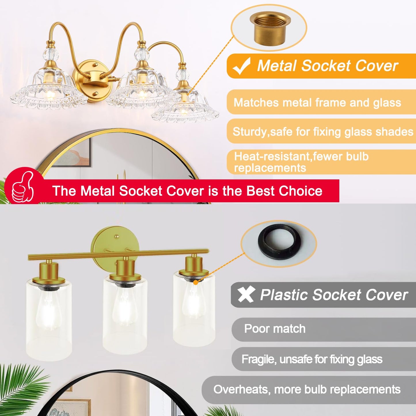 ZHUOER Modern Bathroom Vanity Light Fixtures 3 Lights Brushed Gold Vanity Lights for Bathroom with Floral Crystal Glass Shade Modern Wall Lighting