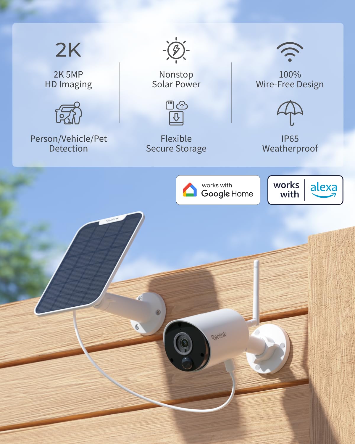 REOLINK Argus Eco+Solar Panel 2K 5MP Solar Security Camera Outdoor for Home Surveilance, Night Vision, Human/Car Smart Detection, 2.4G WiFi, No