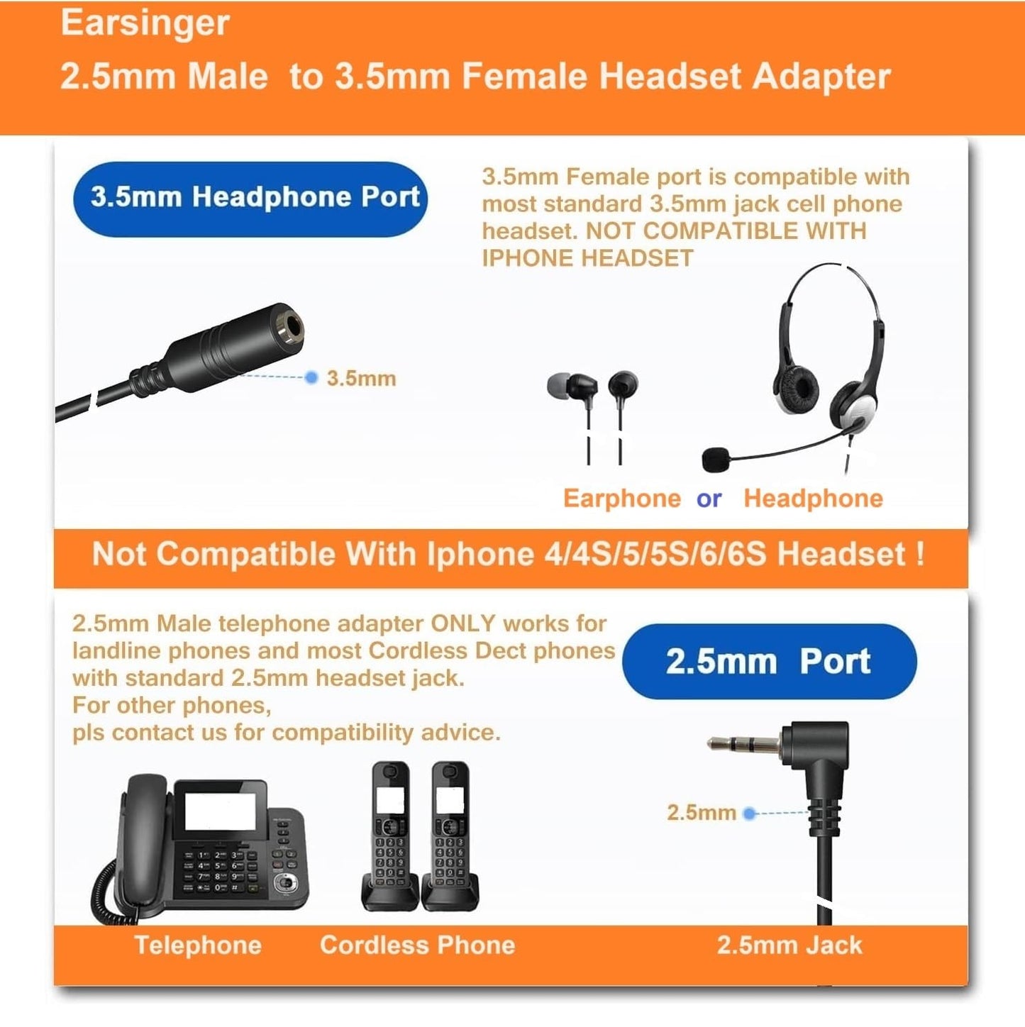 Earsinger Headphone Adapter 2.5mm Male to 3.5mm Female?for Smartphone Headset Adapter 2.5mm to 3.5(for Panasonic Jack) Cable with Connector Suit