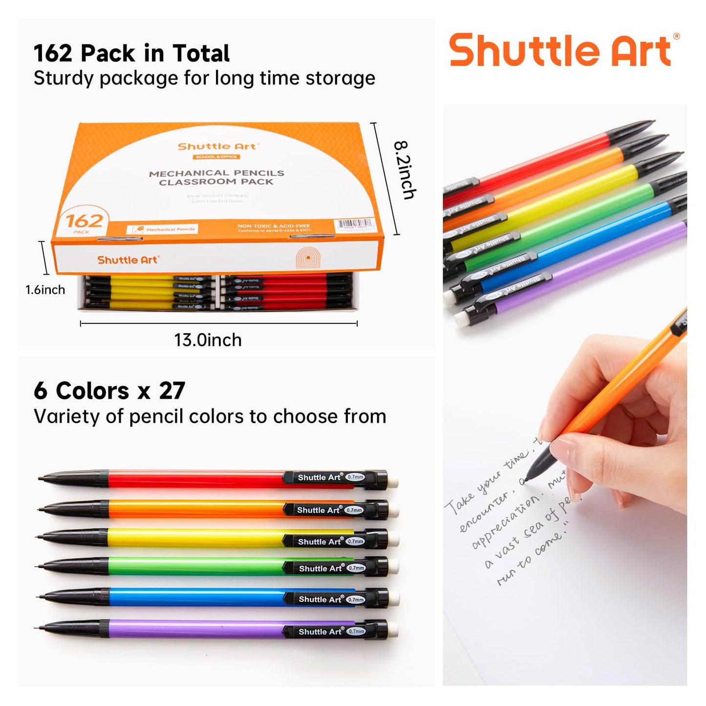 Shuttle Art Mechanical Pencils, 162 Pack Bulk Mechanical Pencils 0.7mm Medium Point, HB #2 Lead Pencils, Assorted Barrels, Office School Supplies