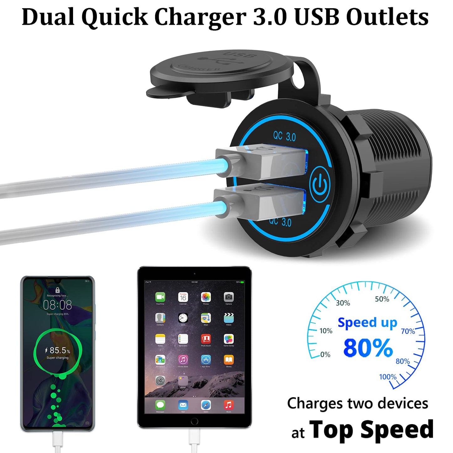 QC3.0 Dual USB 12V Outlet with Touch Switch: 12 Volt Marine Socket Golf Cart USB Port DC Car Charger Waterproof Power Adapter Cigarette Lighter Mount