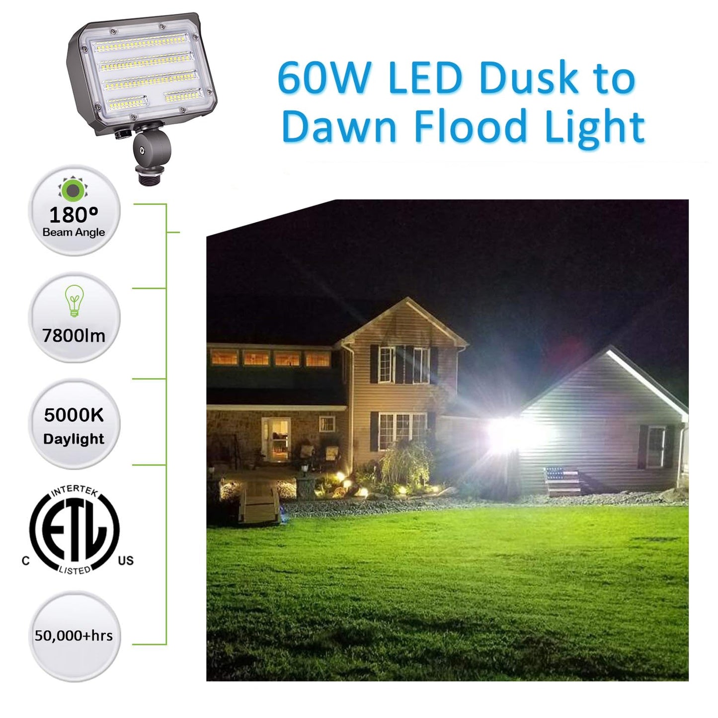 SZGMJIA 60W LED Knuckle Mount Flood Light, Outdoor Security Floodlights Fixture with Base, Dusk-to-Dawn Photocell Daylight AC100-277V 7,800lm(300W