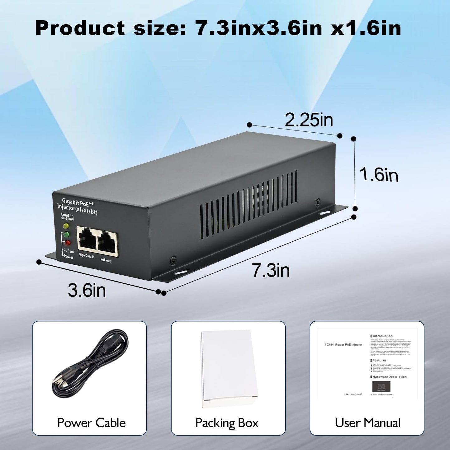 High Power 90W Gigabit PoE++ Injector Adapter, RJ-45 Shielded, IEEE 802.3af/at/bt Compliant, Converts Non-PoE to PoE++ (95W/60W/30W/15.4W), Integrated