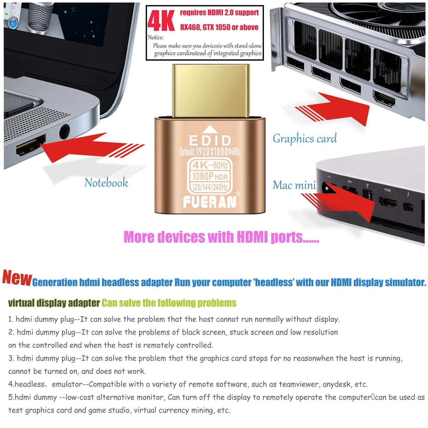FUERAN HDMI Dummy Plug HDR 4K@60Hz 2K@120/144Hz 1080P@120/144/240Hz?edid Emulator Virtual Display Adapter,hdmi Headless