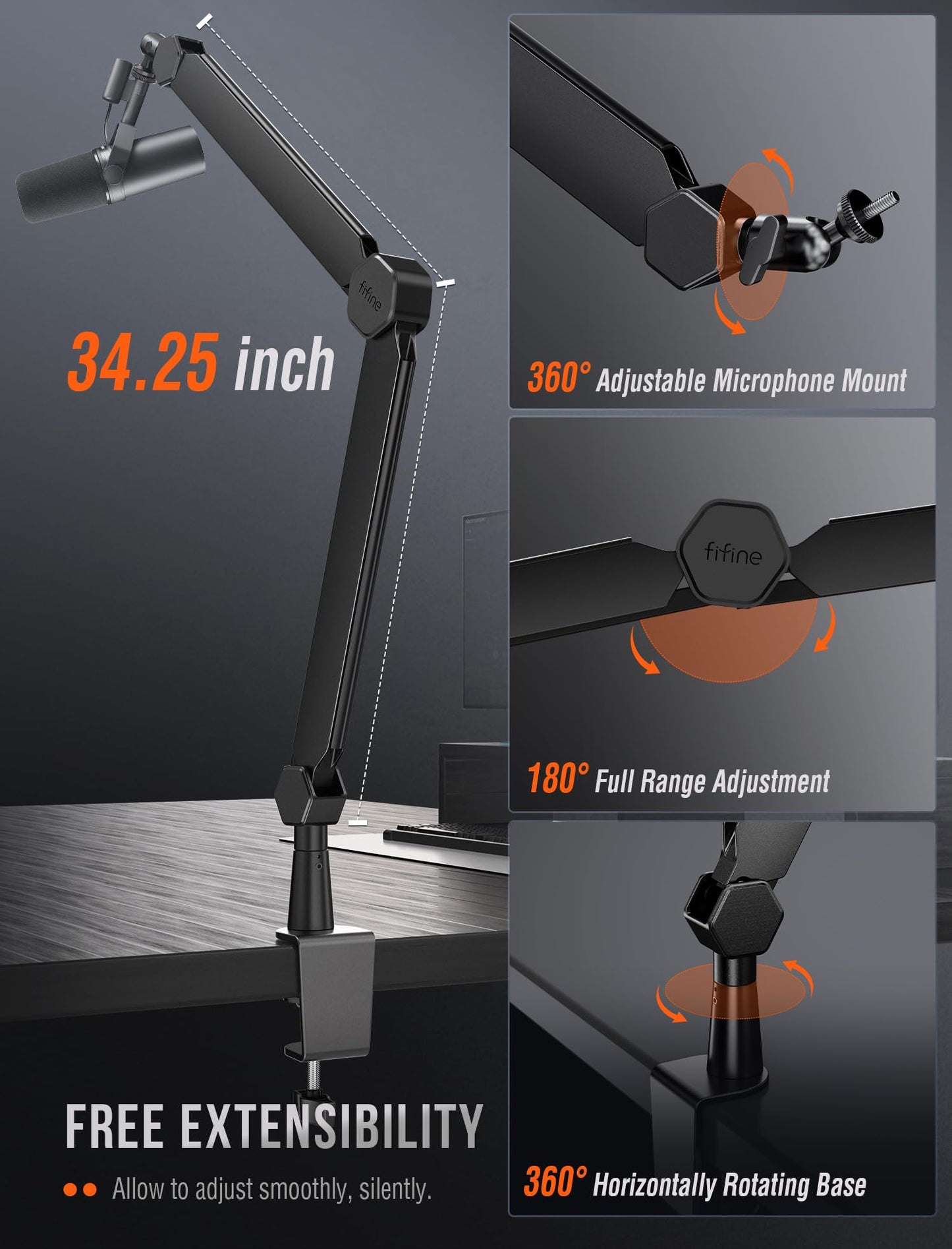 FIFINE Mic Arm Stand, Microphone Boom Arm with Desk Clamp, Cable Channels, 3/8" to 5/8" Threads, Heavy Metal Microphone Stand for Podcast, Vocal