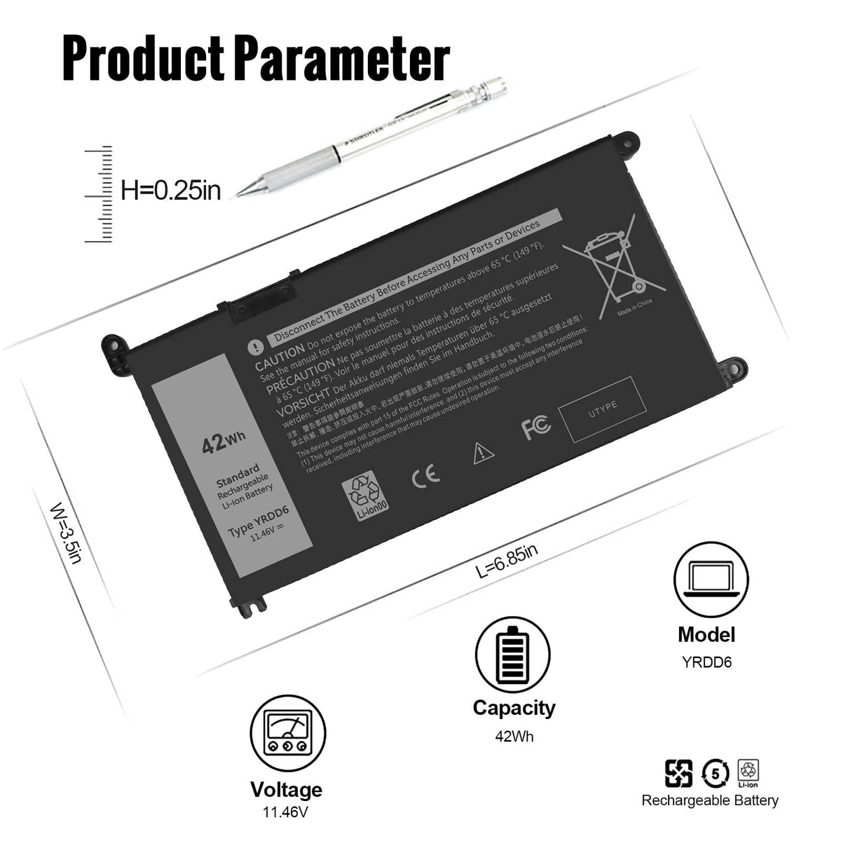 Eafinesy 42Wh YRDD6 Battery Replacement for Dell Inspiron 15 3000 Series 3583 3593 3582 3501 Inspiron 15 5000 Series 5584 5585 5593 5594 5598 14 3493