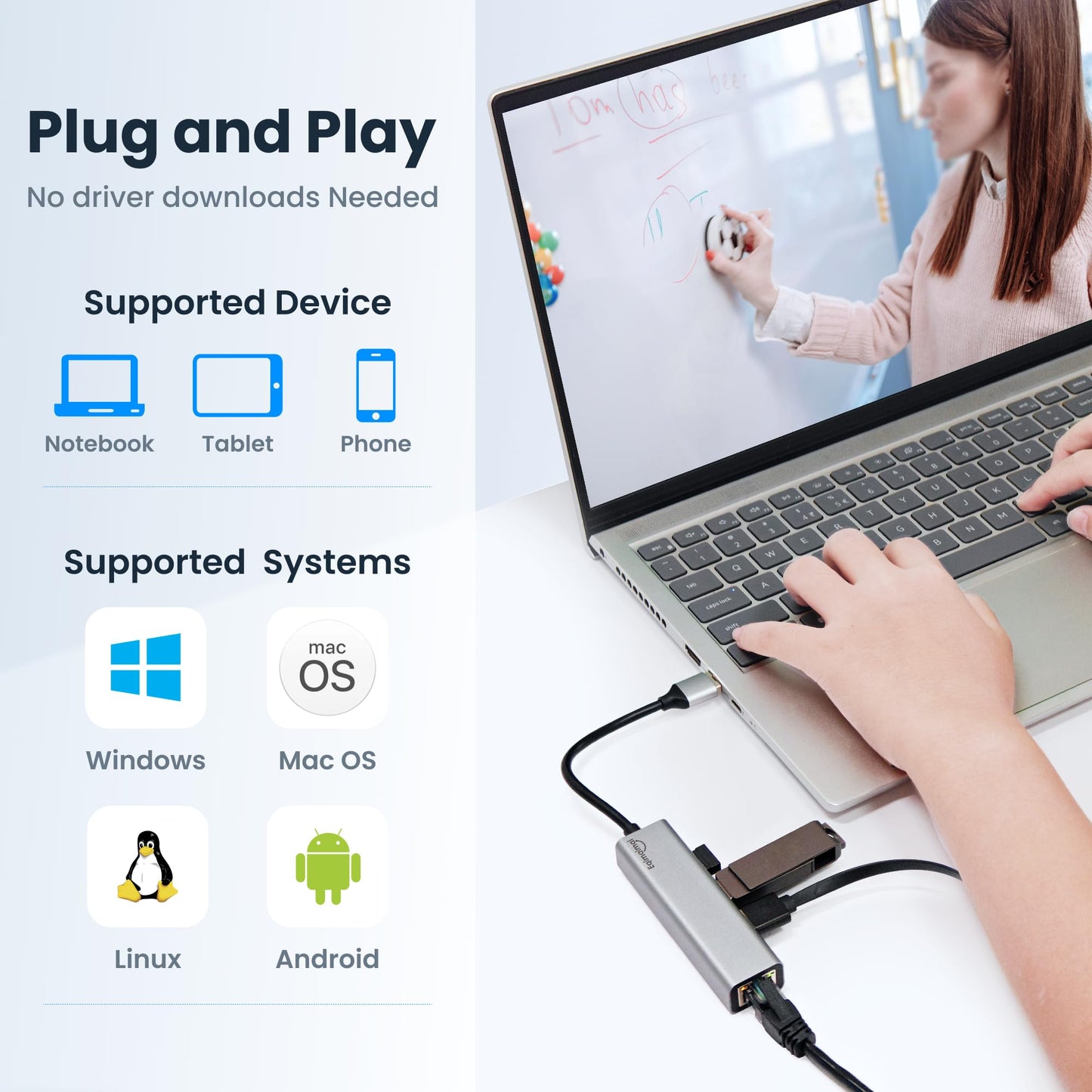 USB 3.0 Hub with Ethernet Adapter - 1GB RJ45, USB A to Ethernet, Compatible with Windows, Mac OS, Linux