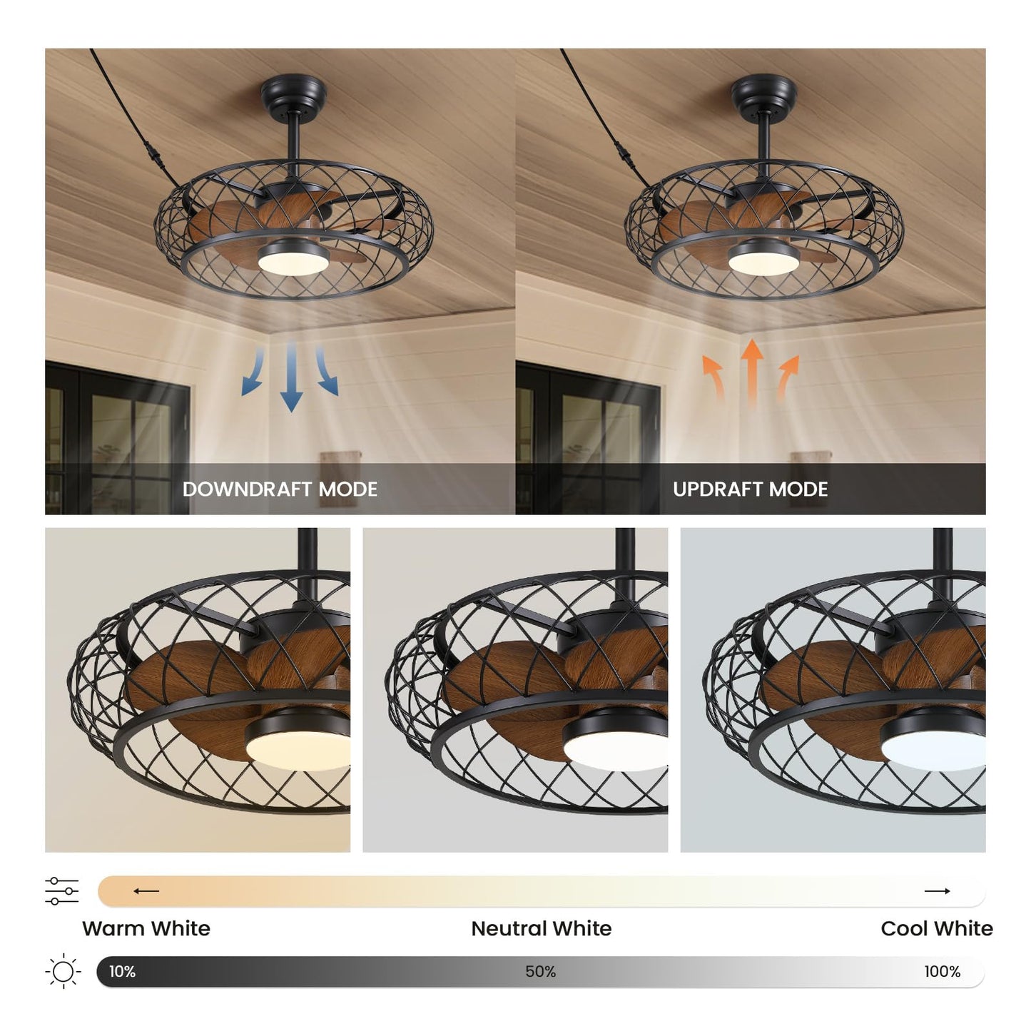 CROSSIO 24" Plug-in Outdoor Ceiling Fan with Light, Caged Walnut
