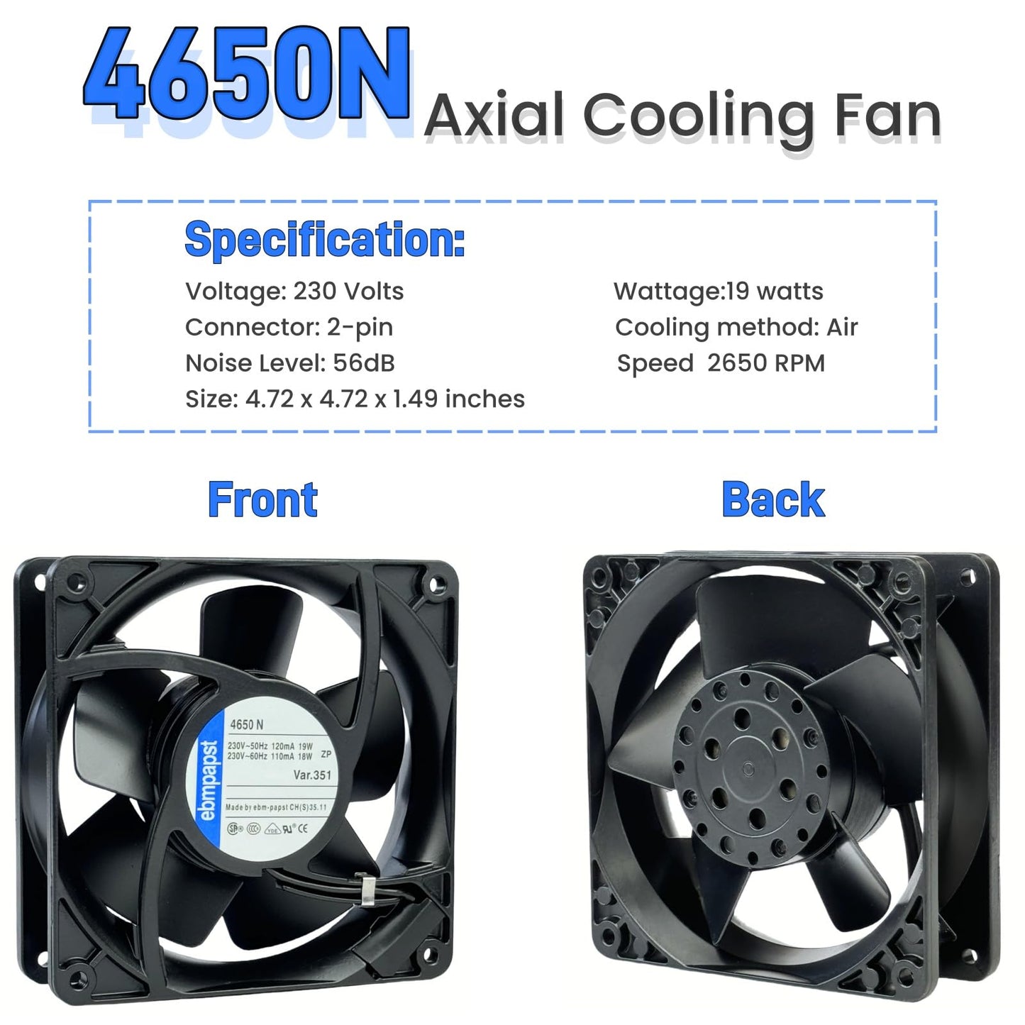 for ebmpapst Cooling Fan 4650N, All Metal High Temperature Resistant Axial Cooling Fan 2-Pin 120x120x38mm AC 230V 50/60Hz 0.12A