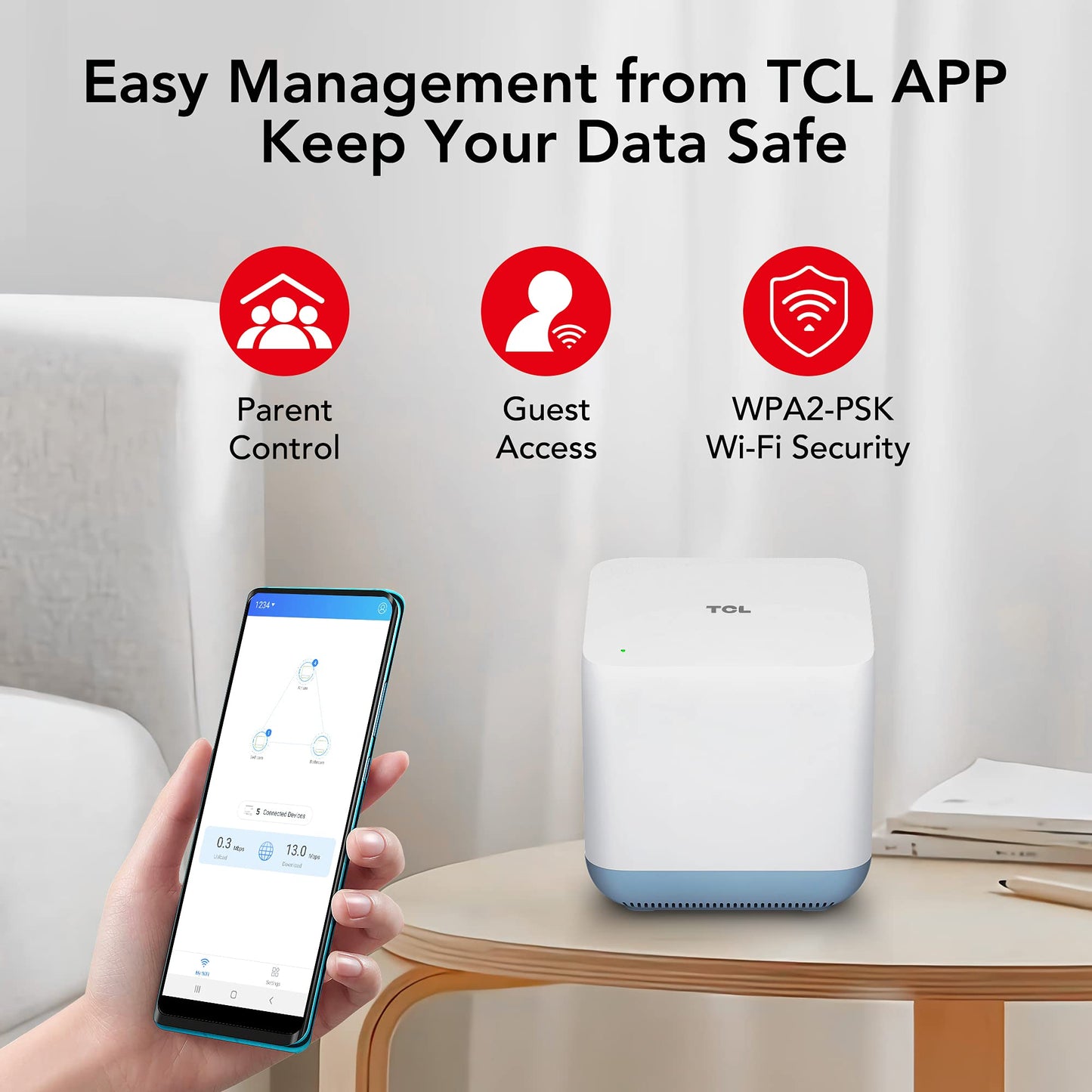 TCL Mesh Wi-Fi System, Gigabit Wifi Mesh Network Cover up to 100 Devices, Replaces WiFi Router and Extender, Whole-Home 4,500 Sq. ft. Coverage
