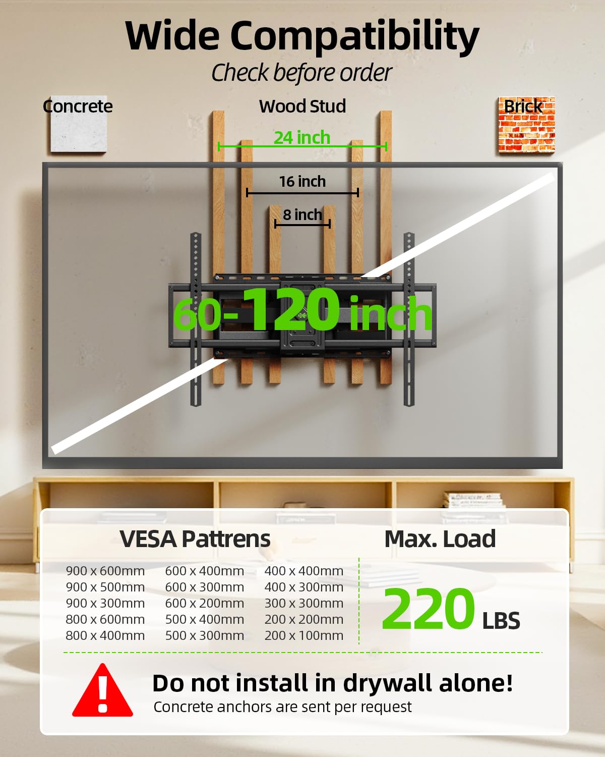 USX MOUNT Heavy Duty Full Motion TV Wall Mount for 60-120 Inch TVs, Holds 220lbs, 28" Extension Wall Bracket, Preassembled TV Mount for 65" 75" 85"
