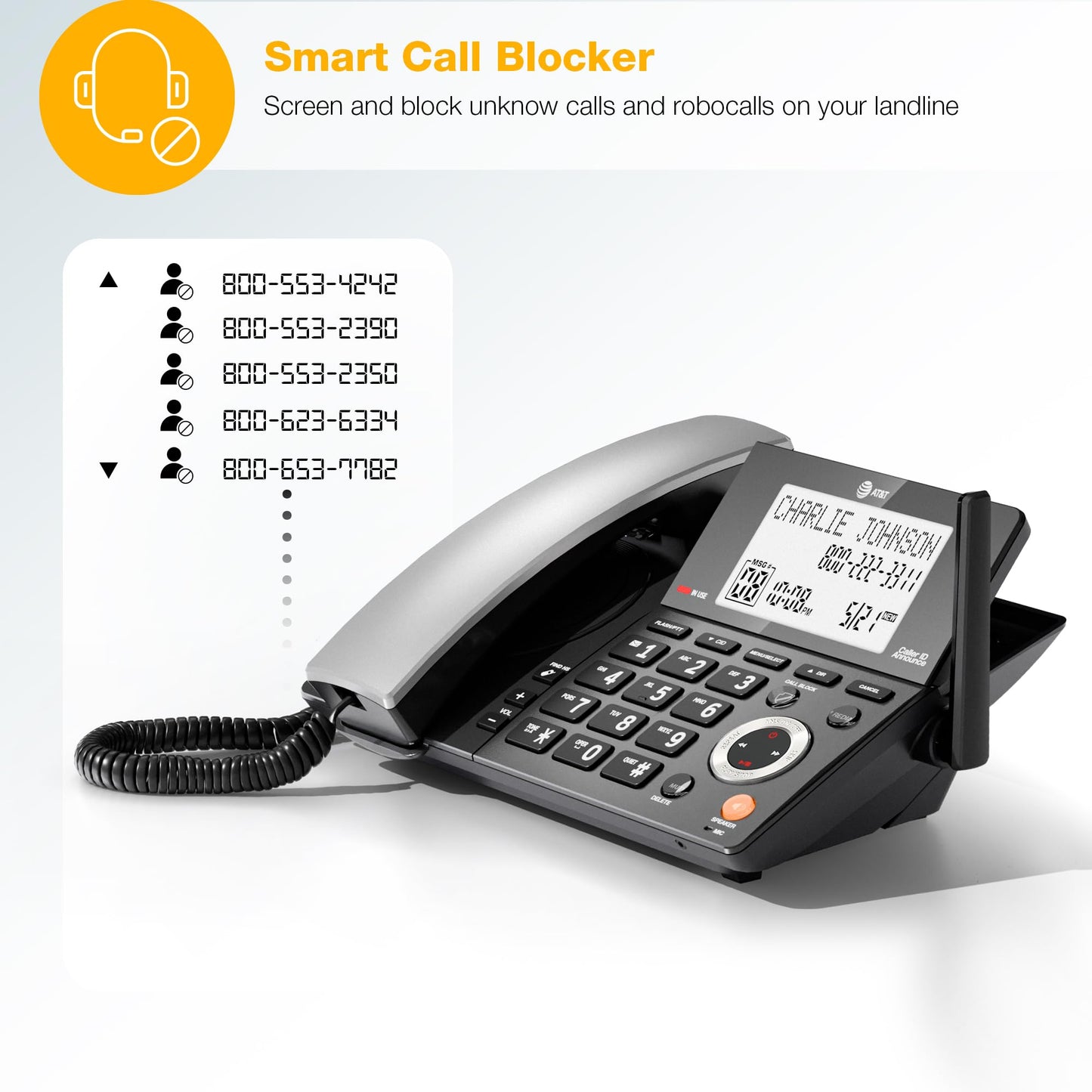 AT&T DECT 6.0 Corded/Cordless Home Phone with 2-Handset and Answering Machine, Smart Call Blocker, Caller ID, Large Backlit Display, Big Button