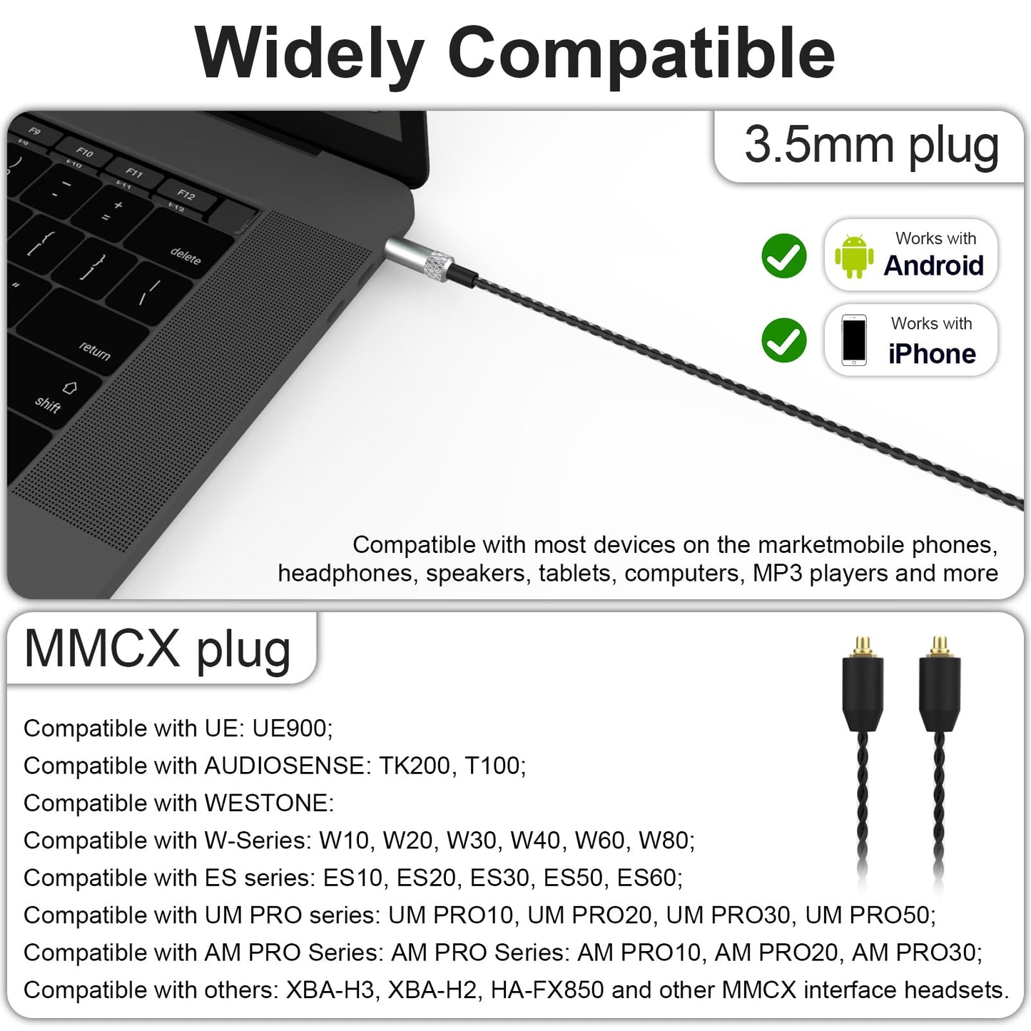 SE215 Cable Compatible with Shure SE215, SE215 PRO, SE315, SE425, SE425 PRO, SE535, SE846, AONIC 3, AONIC 4, AONIC 5 Earphone, MMCX Cable 3.5mm, 4ft