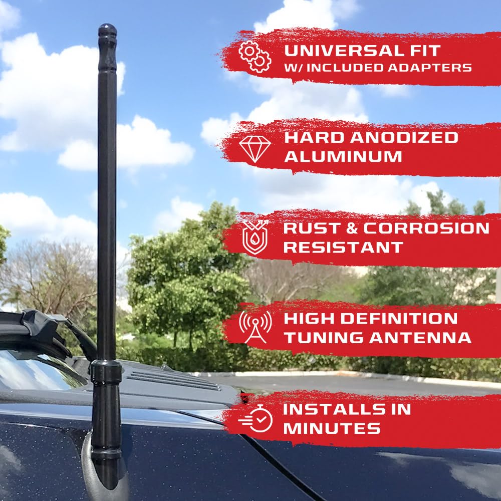 RECON Aluminum 8" Antenna Mast Style (Fits OEM Factory Threaded Antenna) Truck Antenna - Multiple Color Options (Black, Chrome, Red, White, Blue)