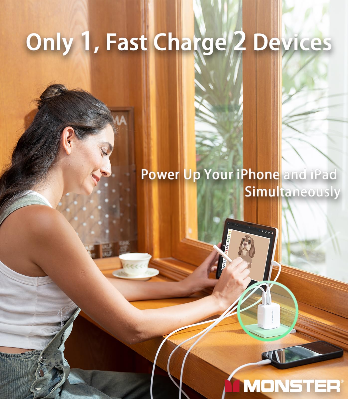 Monster 65W USB C Charger Block, PPS 2-Port, Foldable GaN Fast Charger, Heat-Free Ensure Security for iPhone 16 Pro Max/15/14, iPad, MacBook, Samsung