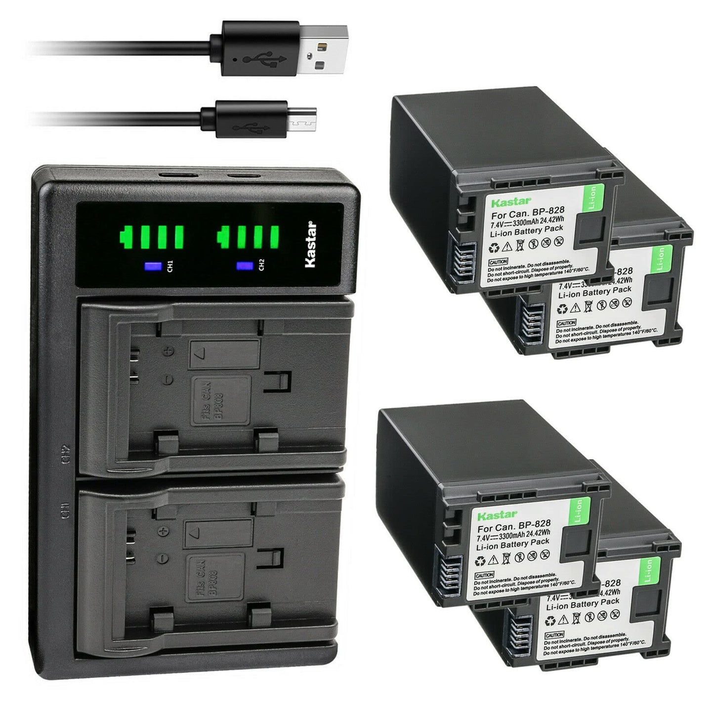 Kastar 4-Pack Battery and LTD2 USB Charger Replacement for Canon BP-820 BP820, BP-828 BP828 Battery, Canon CG-800 CG800 Charger, Canon VIXIA HF G50