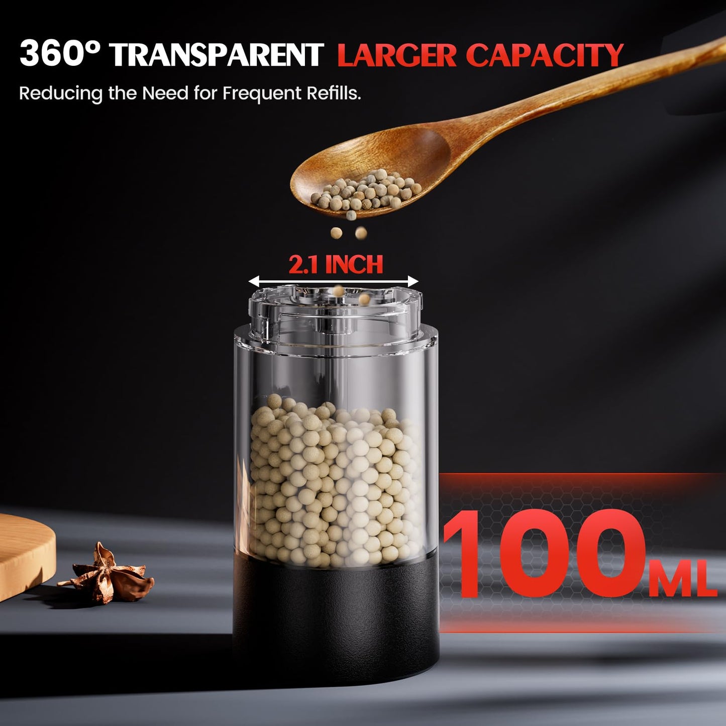 Electric Salt & Pepper Grinder Set, Automatic Battery Operated Mills with Adjustable Coarseness, LED Light & Large Capacity, 2-Pack, Black