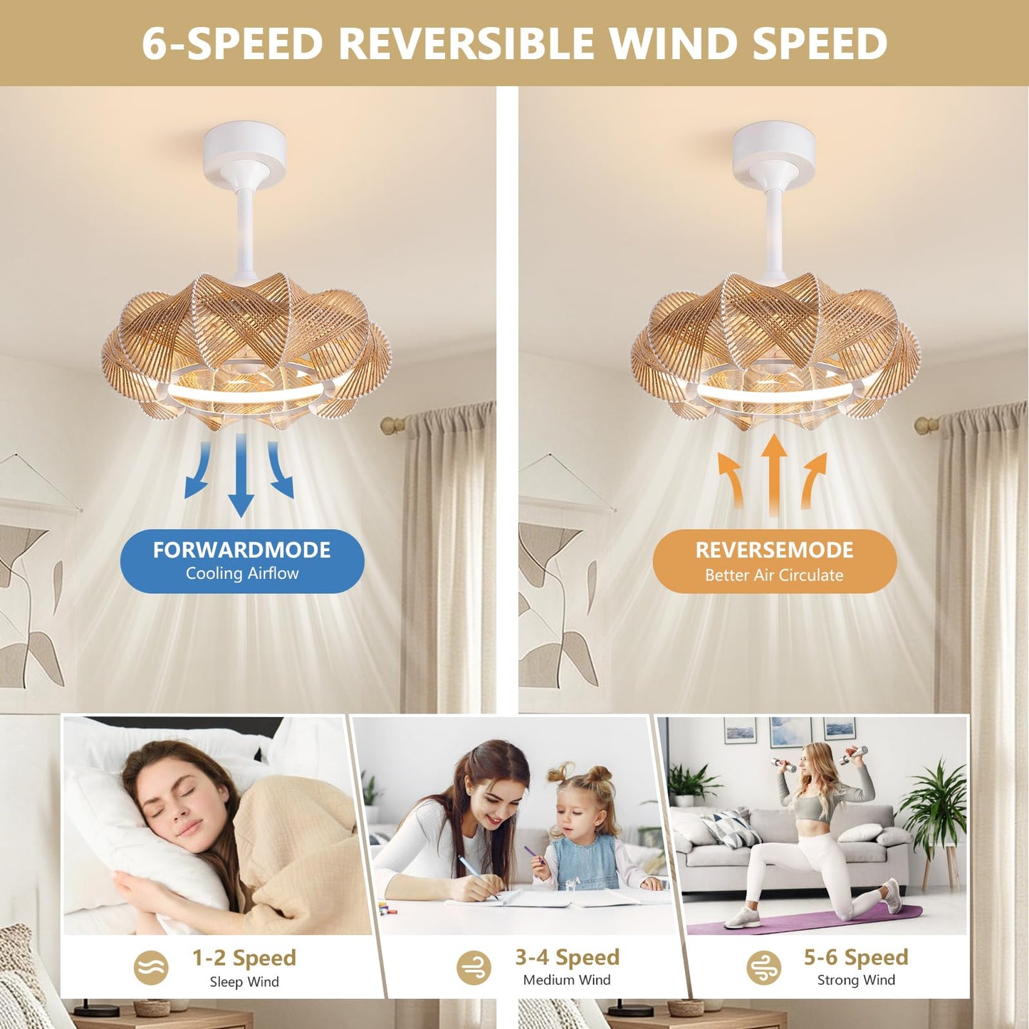 NOXARTE 20 inch Rattan Ceiling Fan with Lights, Dimmable Boho Fandelier, Farmhouse Caged Fan, Chandelier Ceiling Fan with 6 Speeds for Bedroom, Living